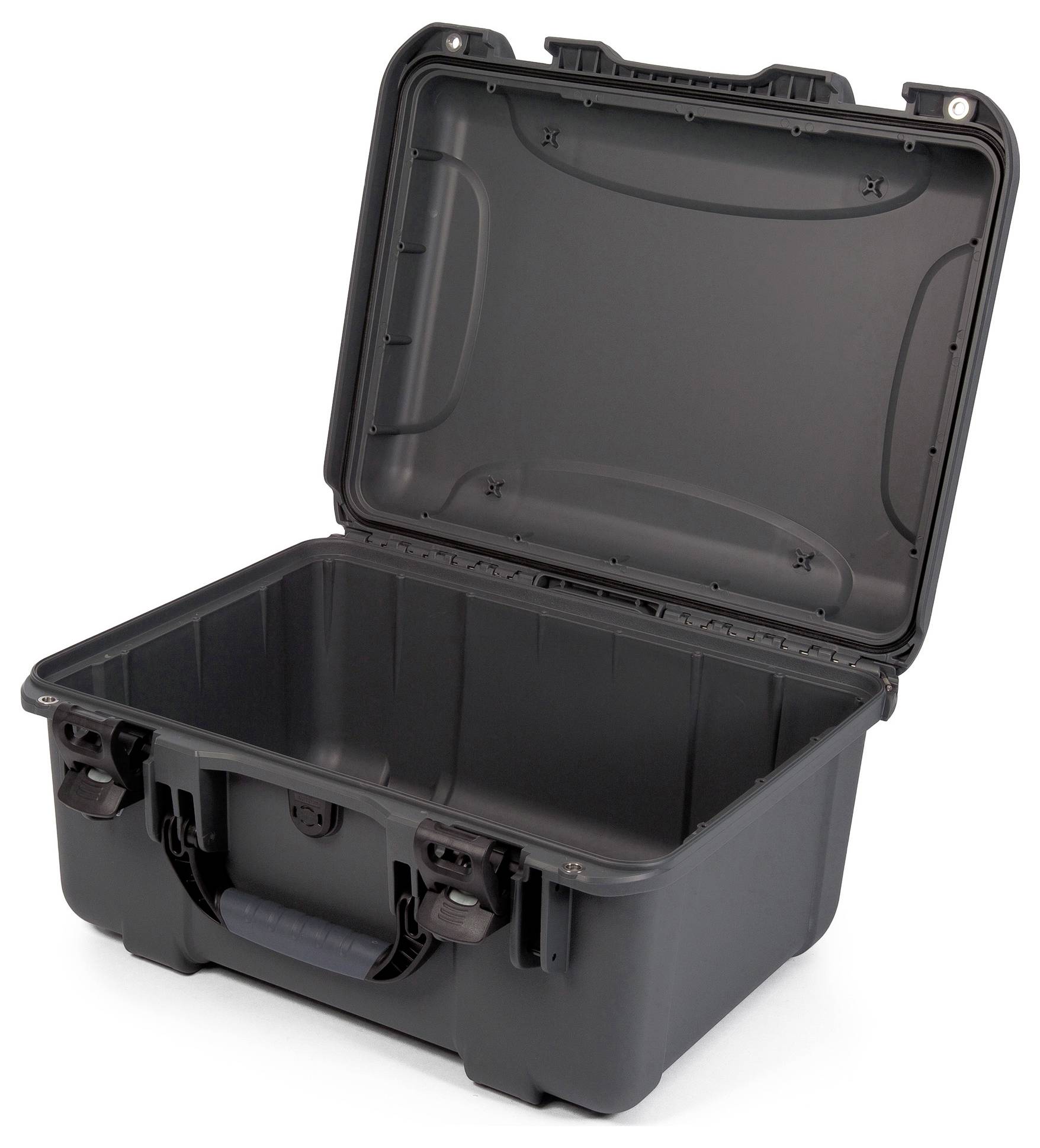 Valise rigide noire, ouverte, avec poignée, robuste et vide, adaptée au rangement sécurisé d'objets fragiles.