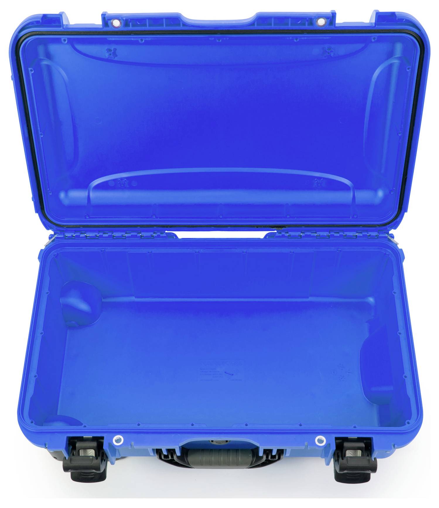Valise bleue, robuste, avec couvercle ouvert, montrant un intérieur vide. Adaptée au transport et à la protection d'objets fragiles.