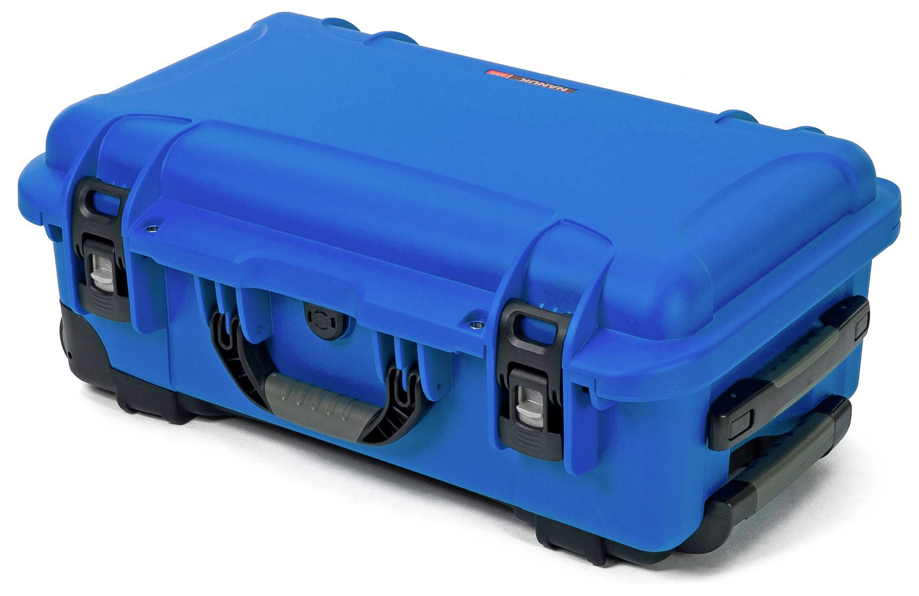 Valise rigide bleue, robuste avec deux fermetures noires et une poignée à l'avant, adaptée pour un transport en toute sécurité.