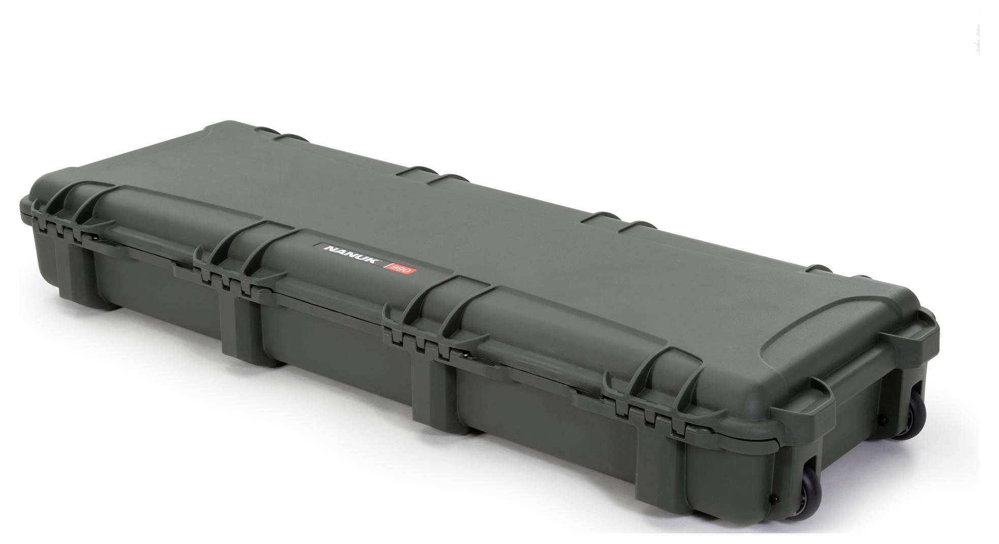 Mallette de transport noir long et robuste avec fermetures et roulettes, conçue pour le rangement et le transport sécurisé d'équipements délicats.