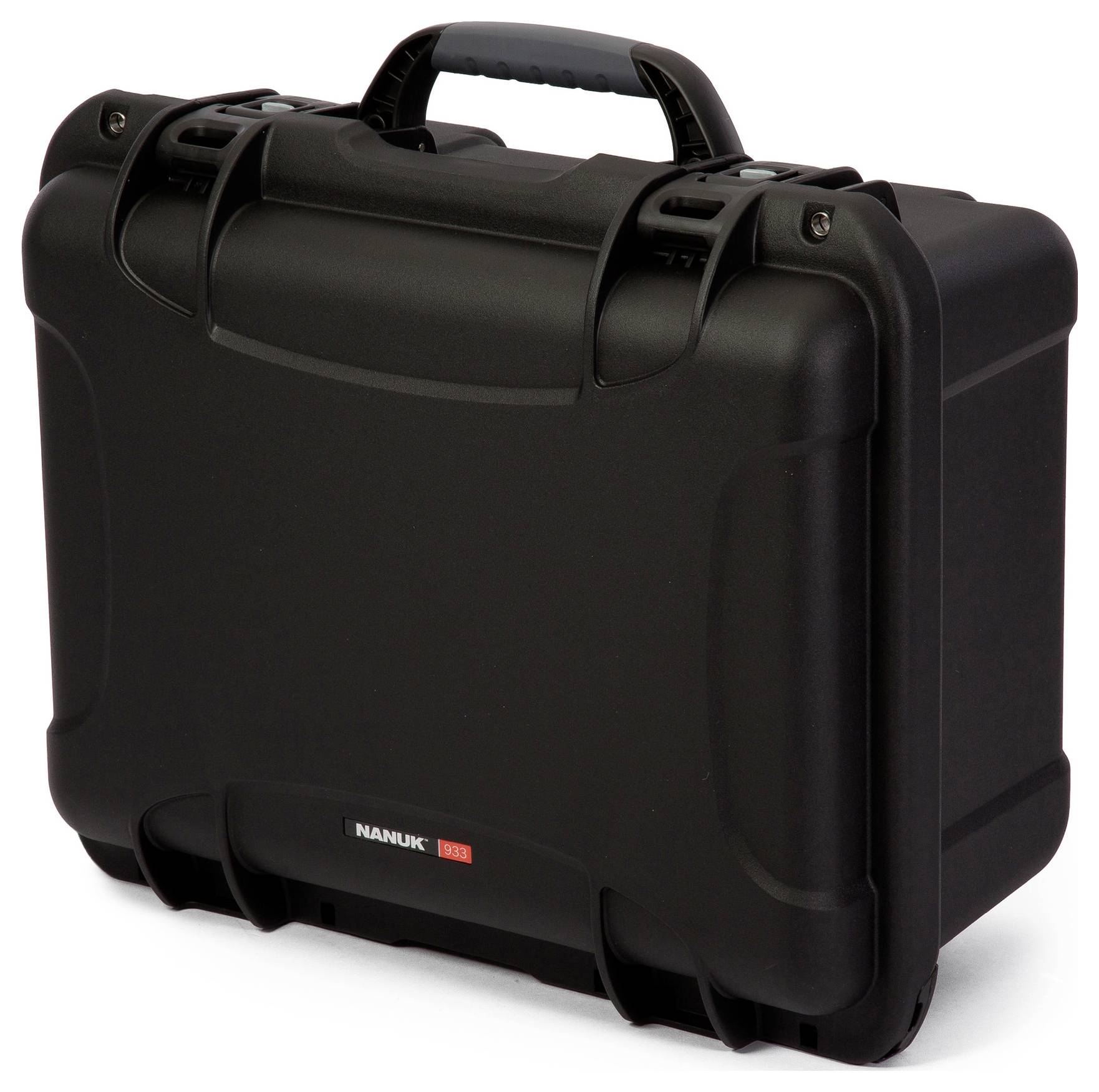 Valise rigide noire avec poignée et fermetures à clips, idéale pour le transport sécurisé d'appareils délicats.