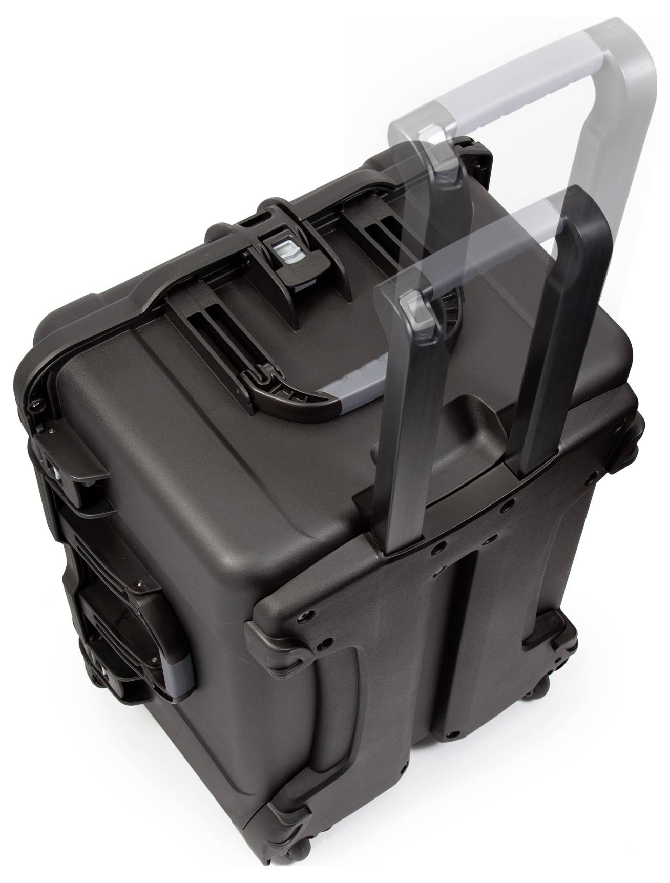 Une valise à roulettes noire avec poignée télescopique et design robuste. Idéale pour les voyages ou le transport d'équipements délicats.