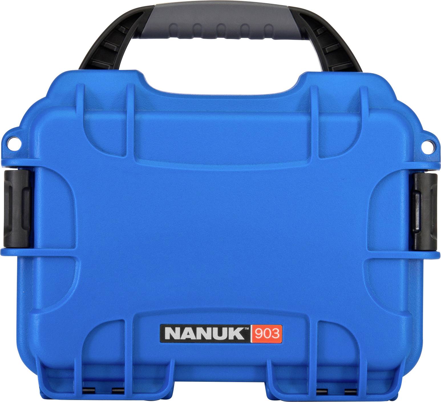 Étui de protection bleu robuste avec poignée noire, le nom de marque 'Nanuk 903' visible à l'avant, adapté pour le transport sécurisé d'équipement.