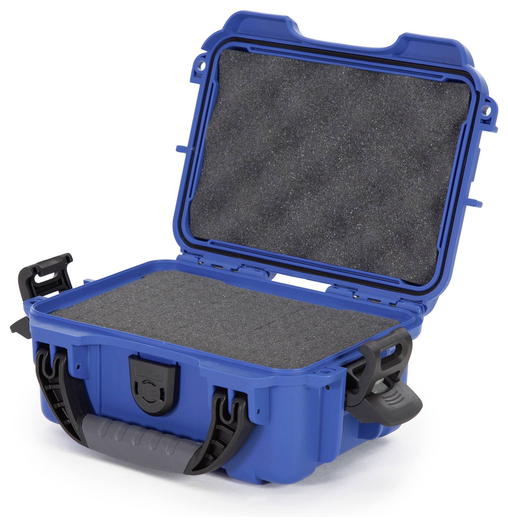 Un coffret de protection bleu ouvert avec doublure en mousse. Le coffret est droit et convient au transport sécurisé d'appareils.