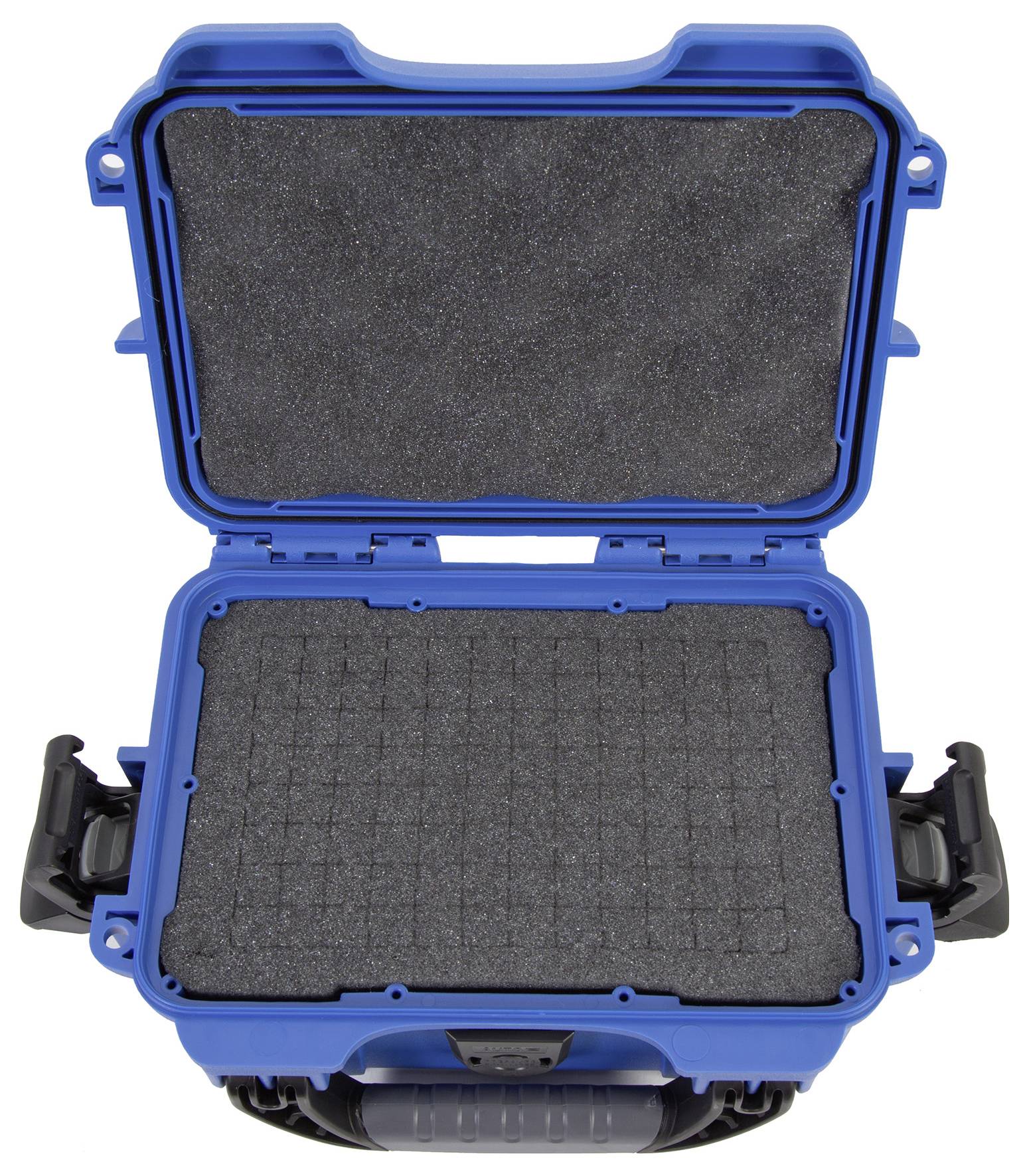 Valise de protection bleue ouverte avec garniture en mousse. Adaptée au transport sécurisé d'objets fragiles.