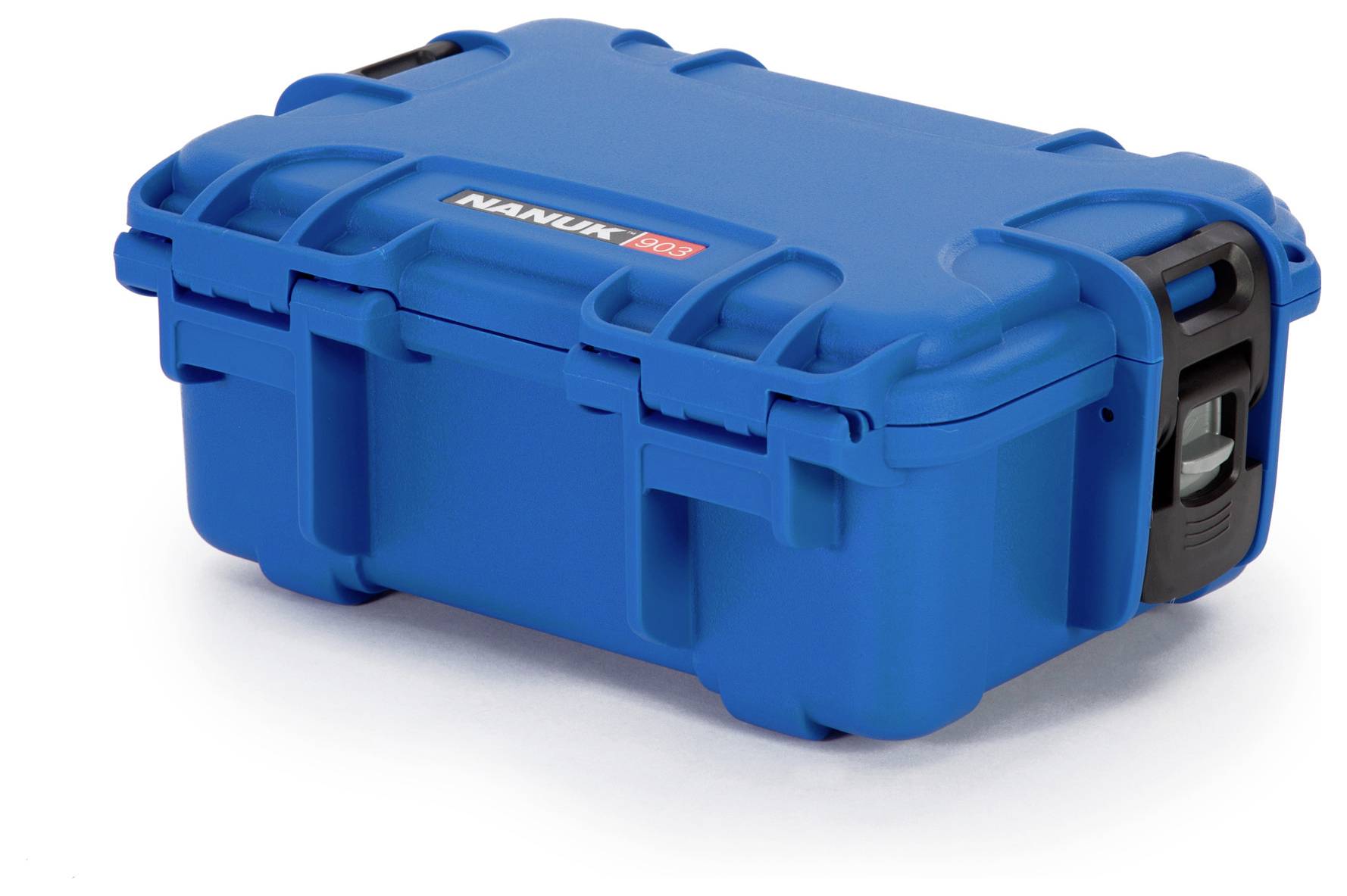 Un boîtier de protection bleu robuste avec un loquet de fermeture noir. Adapté pour le transport sécurisé d'objets fragiles.