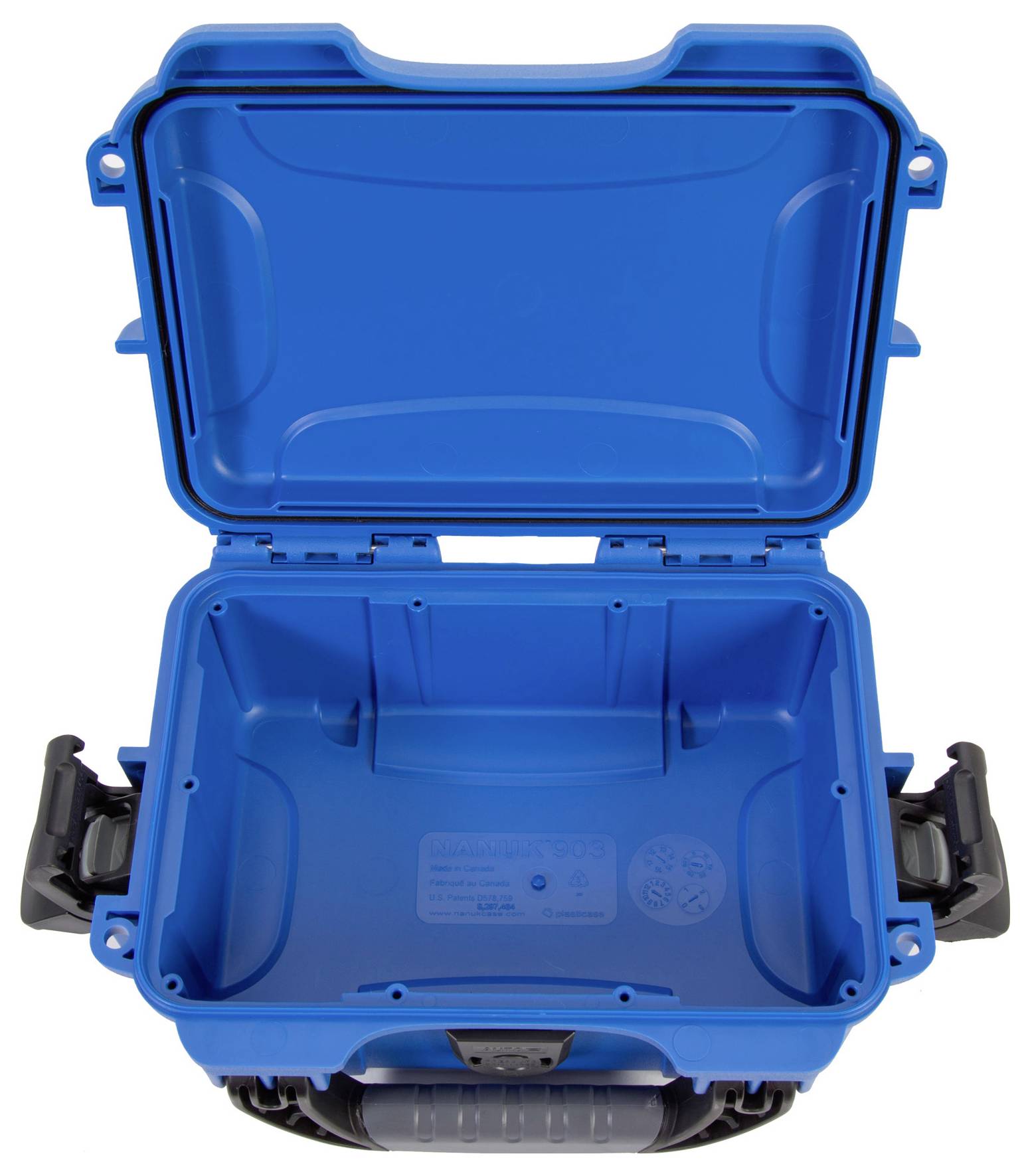 Une valise rigide vide de couleur bleue, ouverte, avec des poignées robustes à gauche et à droite, adaptée au transport sécurisé d'objets fragiles.