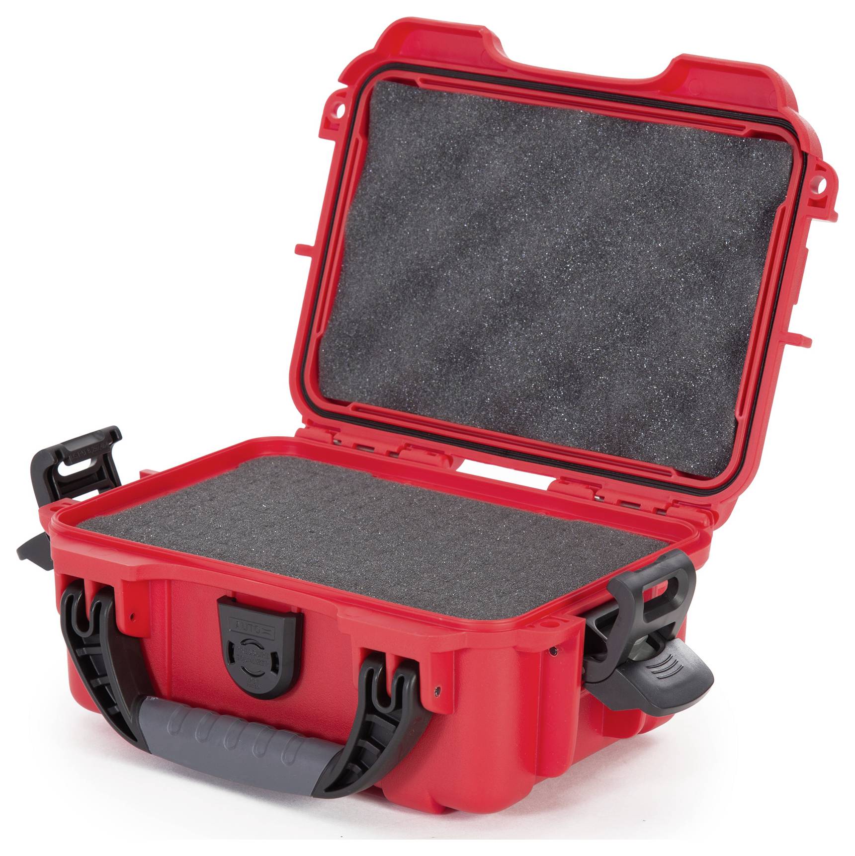 Un coffret de protection rouge ouvert, avec des coussinets en mousse à l'intérieur, adapté au transport sécurisé d'objets fragiles.