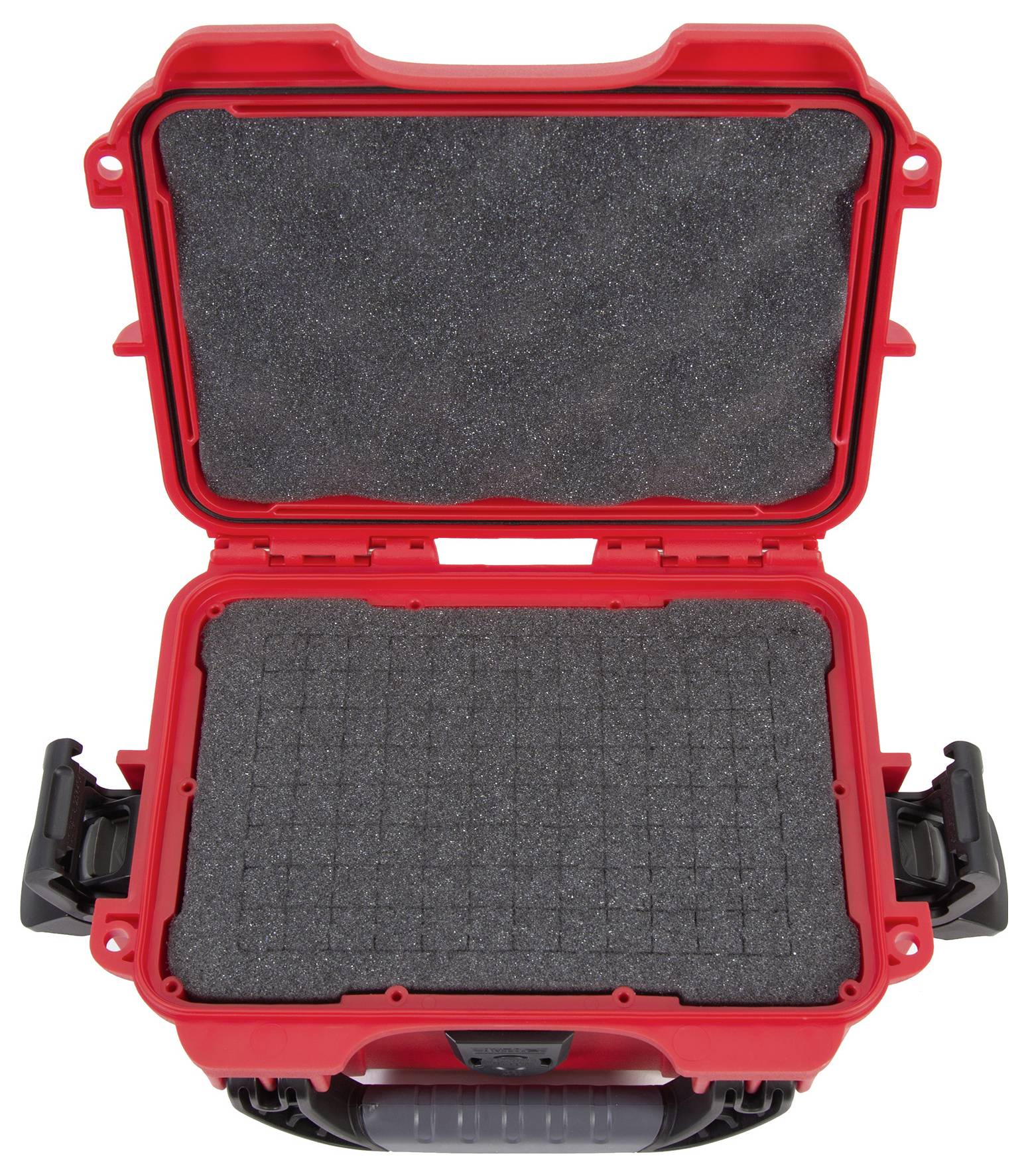 Valise de protection rouge, ouverte, avec garniture en mousse, adaptée au rangement sécurisé d'objets fragiles.