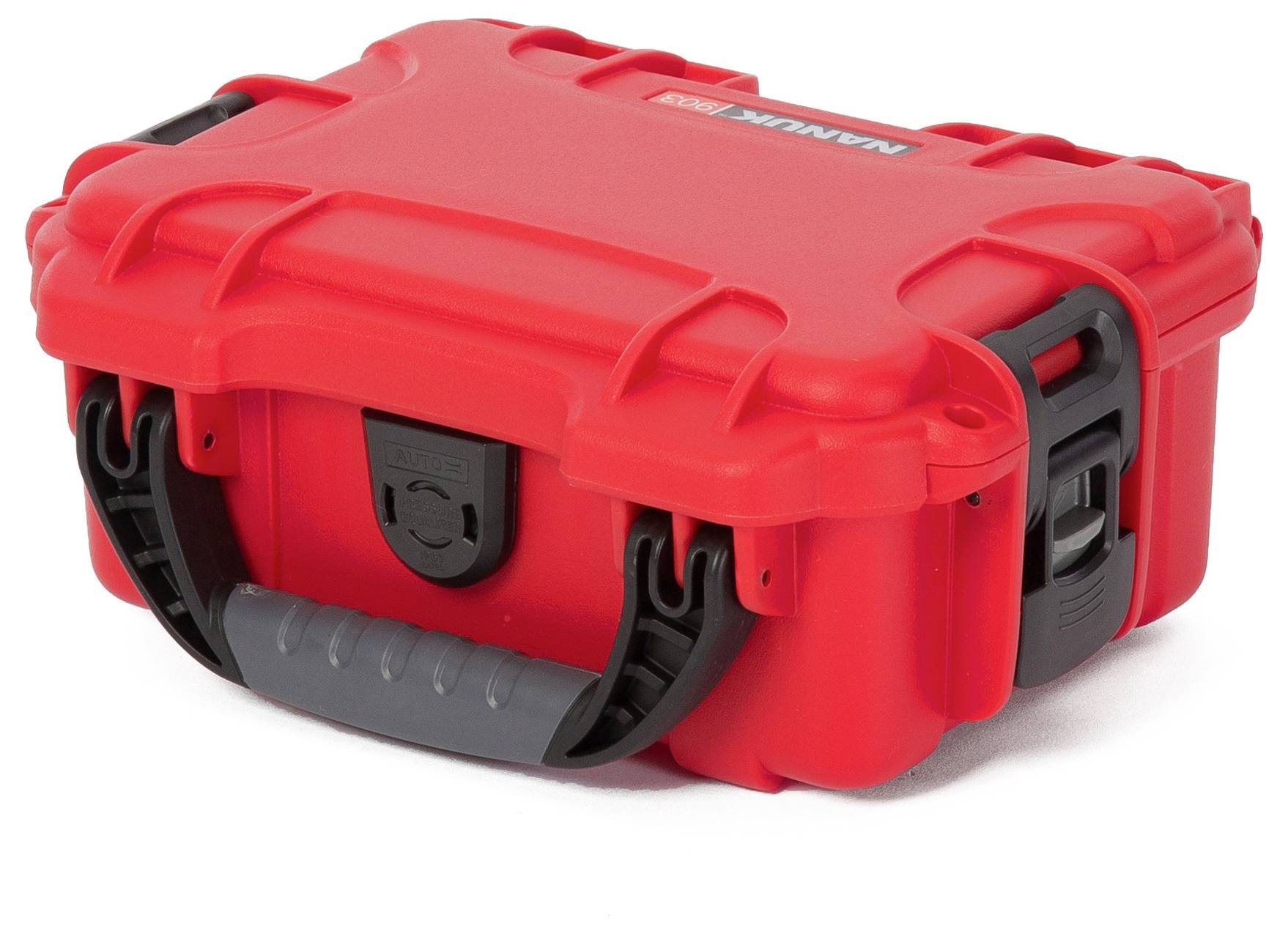 Mallette de transport rouge, robuste, avec des fermetures noires et une poignée. Adaptée au transport sécurisé d'objets fragiles.