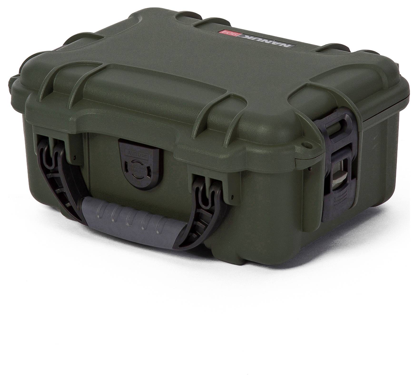 Valise rigide vert foncé avec poignée et fermetures noires, robuste et adaptée au transport sécurisé d'équipements délicats.