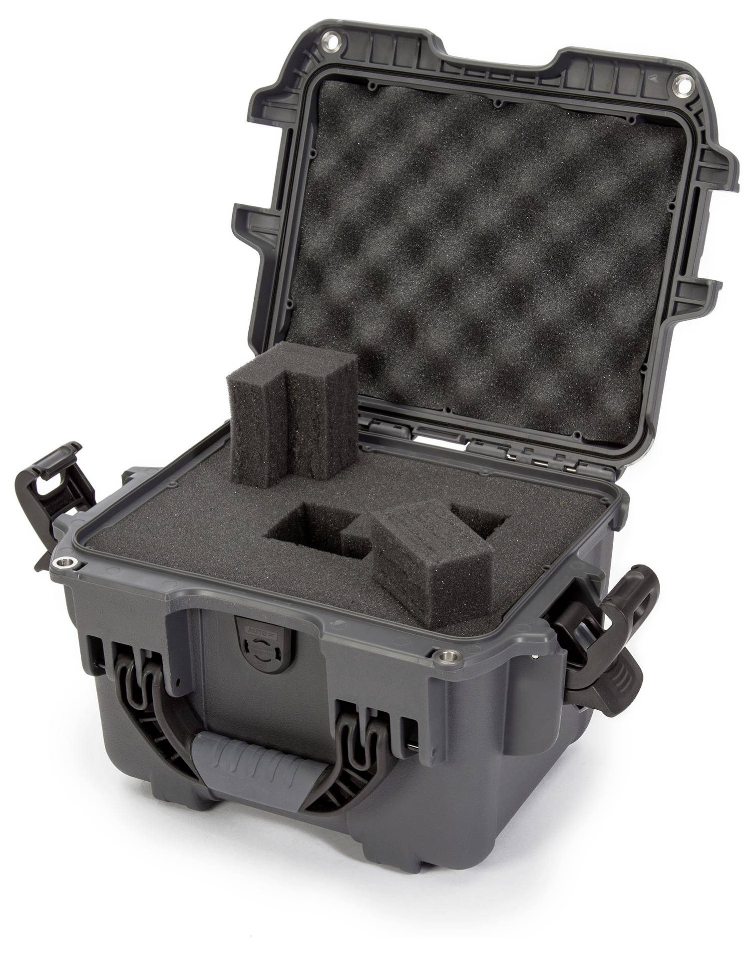 Coffret de protection gris, ouvert, avec mousse de protection intérieure, adapté au rangement sécurisé d'appareils sensibles.
