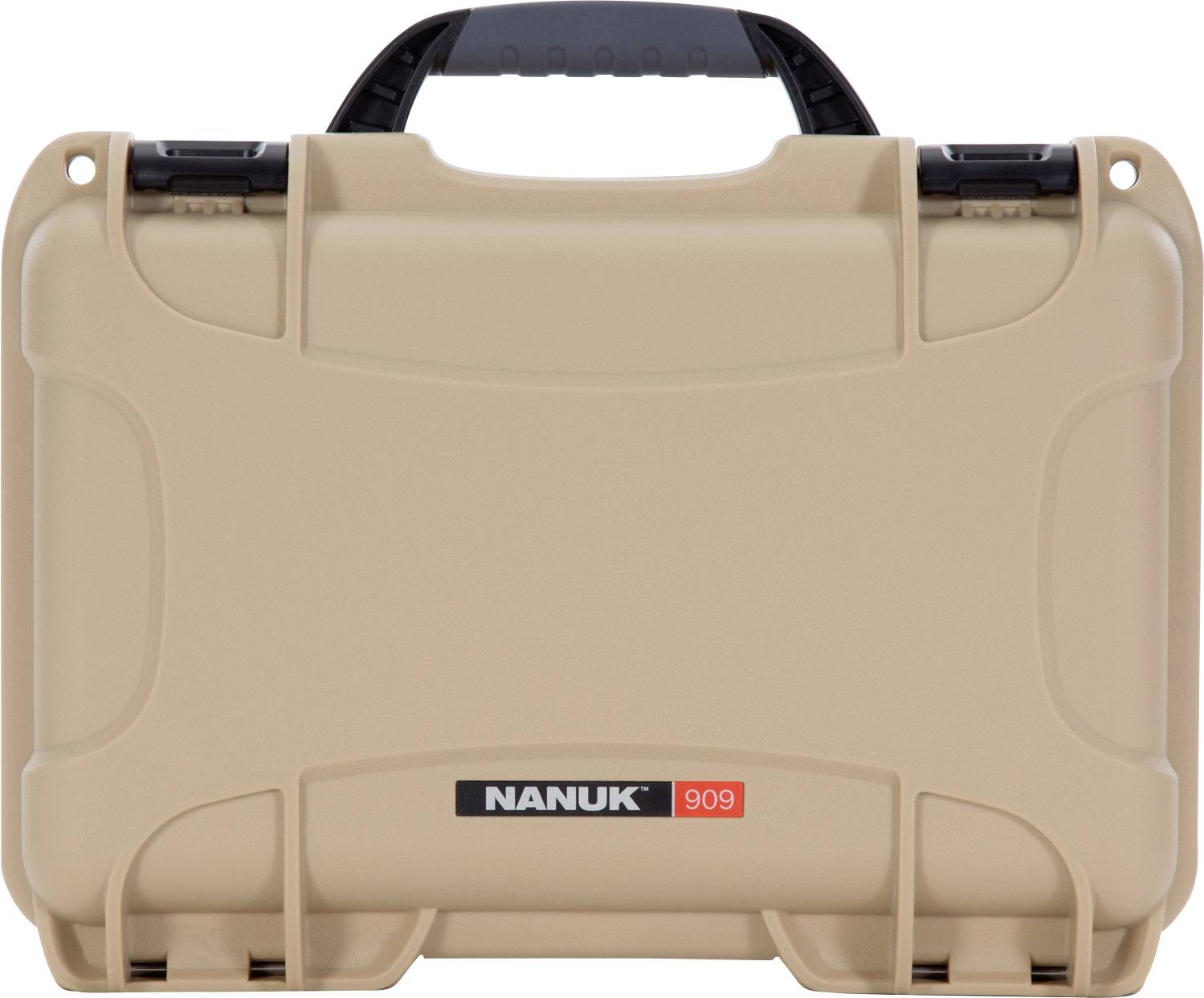 Étui de transport beige, robuste, avec une poignée noire, logo de marque 'Nanuk 909' sur la face avant. Idéal pour un rangement sécurisé.