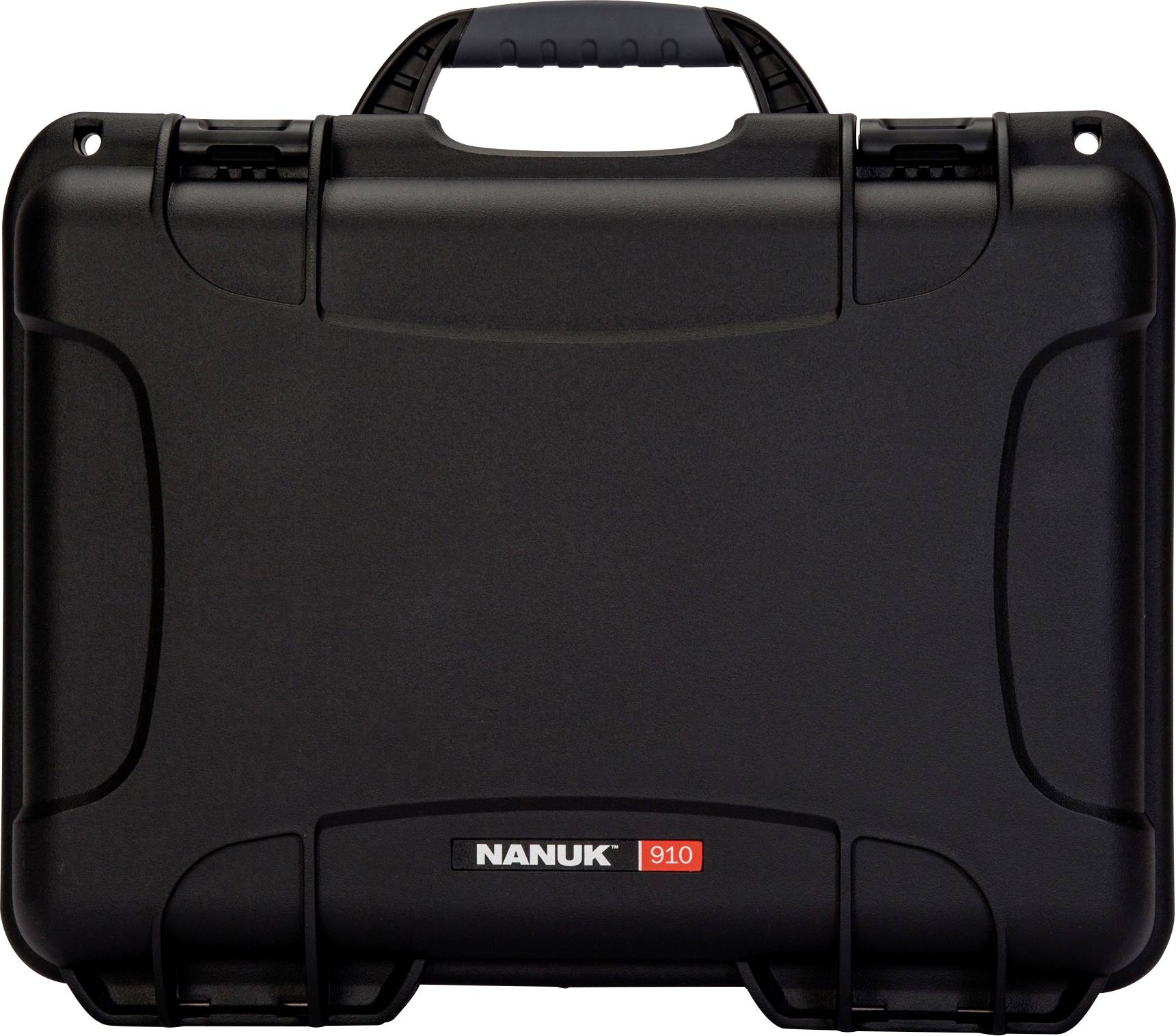 Une mallette rigide noire de marque 'Nanuk 910' avec une poignée robuste et deux fermetures, adaptée pour un transport sécurisé.