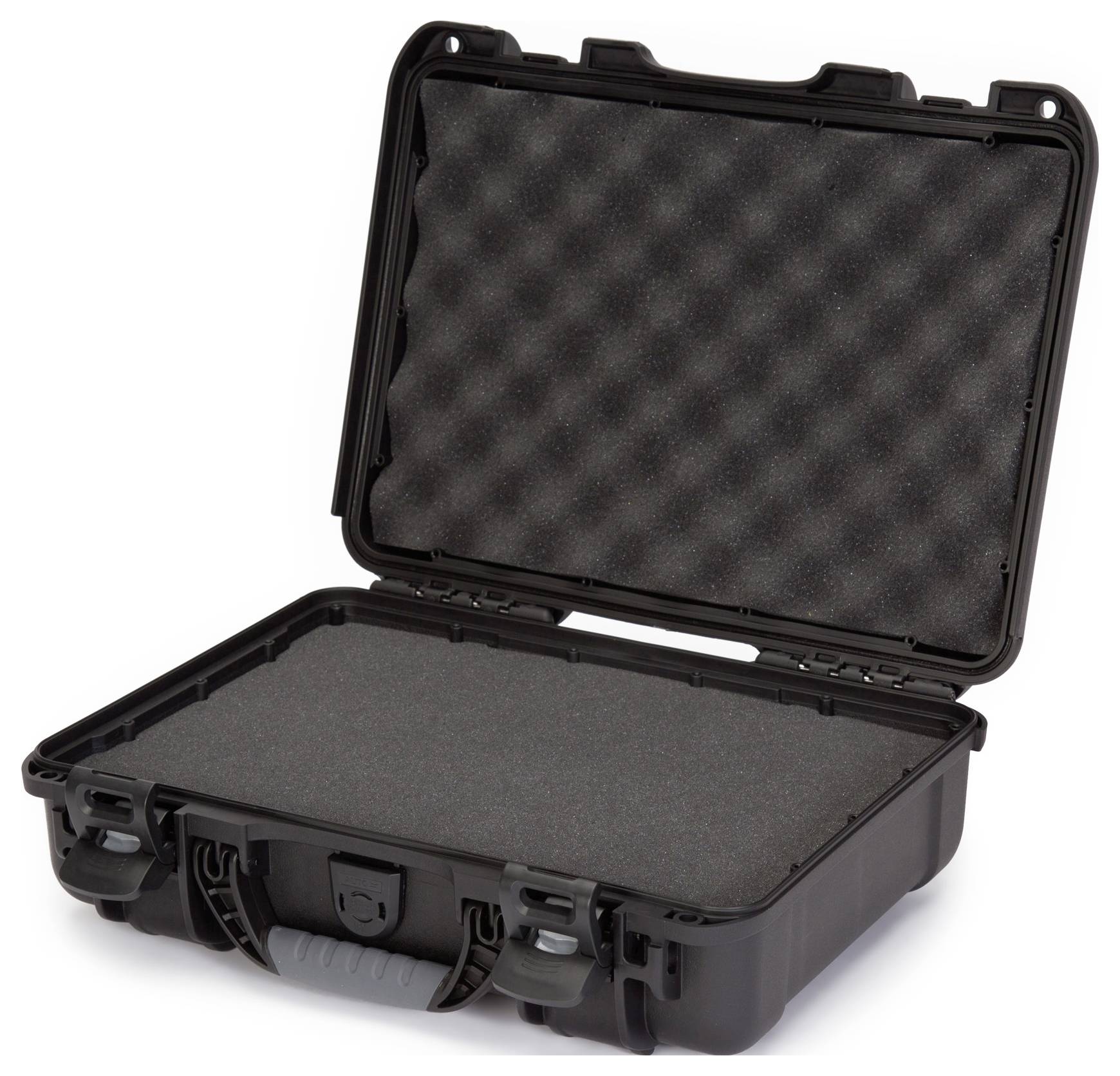 Une valise rigide noire ouverte, dotée d'un rembourrage en mousse, conçue pour protéger des objets délicats pendant le transport.