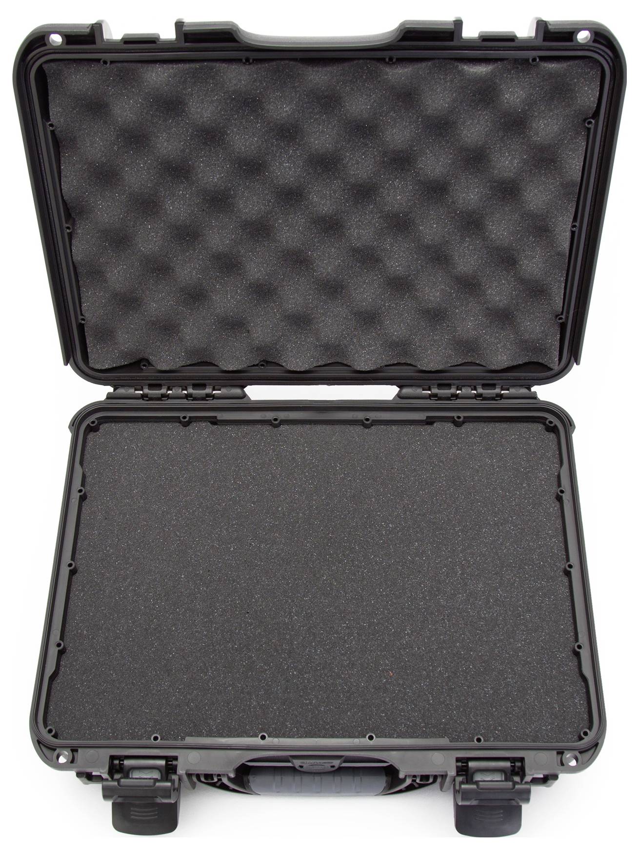 Un étui de protection noir ouvert, avec un intérieur rembourré de mousse pour le transport sécurisé d'objets fragiles.