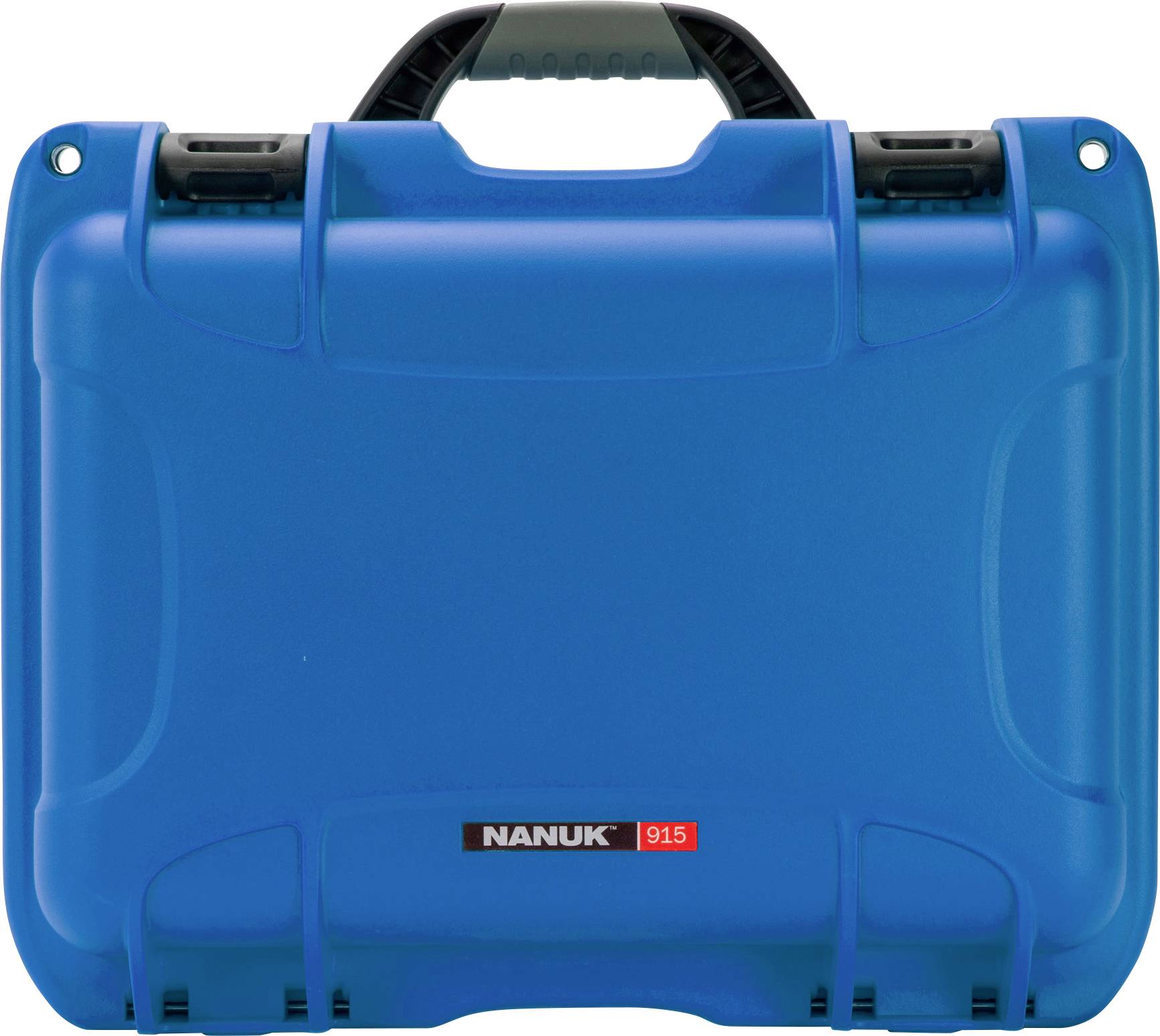 Étui en plastique robuste bleu avec poignée et fermetures noires. Marqué 'NANUK 915' sur la face avant.
