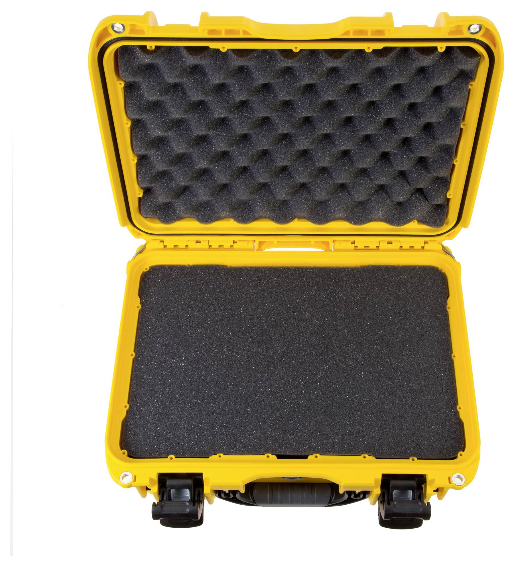 Une valise jaune ouverte, doublée de mousse noire à l'intérieur, adaptée au transport sécurisé d'objets fragiles.