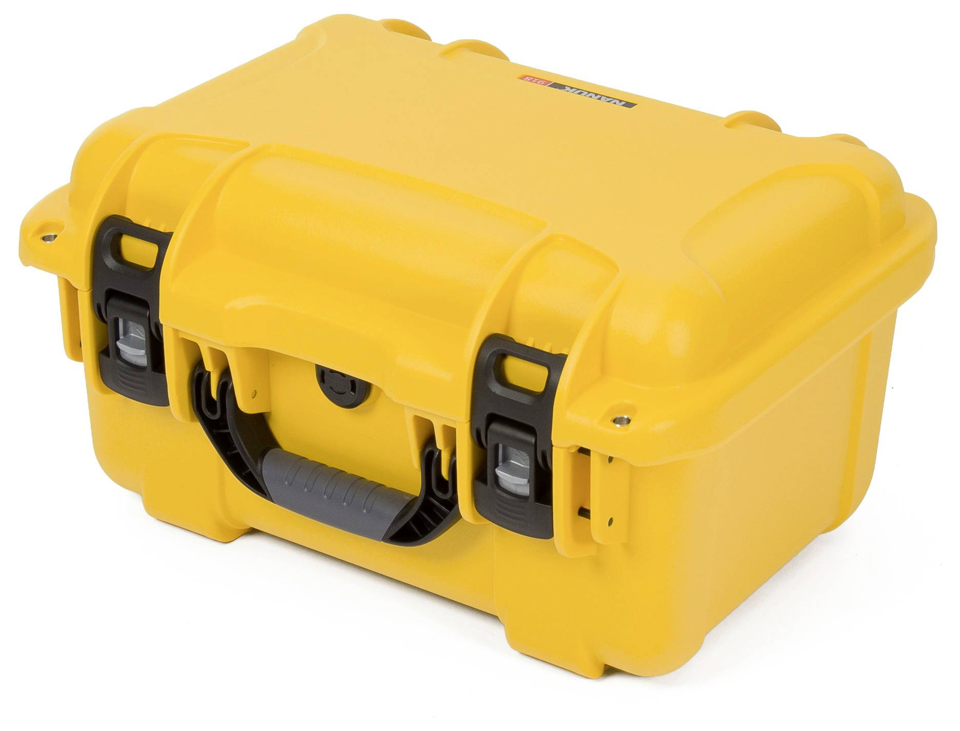 Une valise jaune, robuste, avec une poignée et des fermetures noires, idéale pour le transport sécurisé et la protection d'objets fragiles.