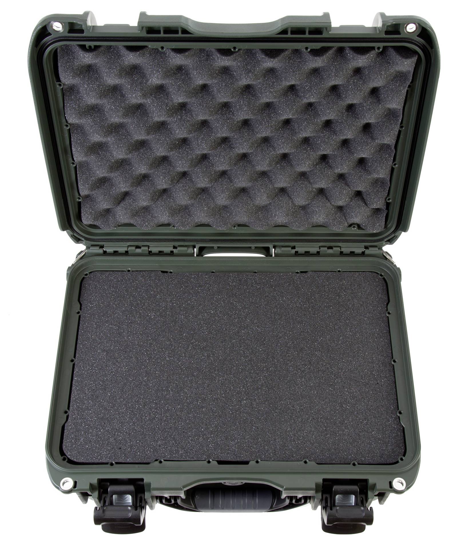 Une valise de protection ouverte avec un intérieur en mousse noire pour le rangement sécurisé d'objets fragiles.