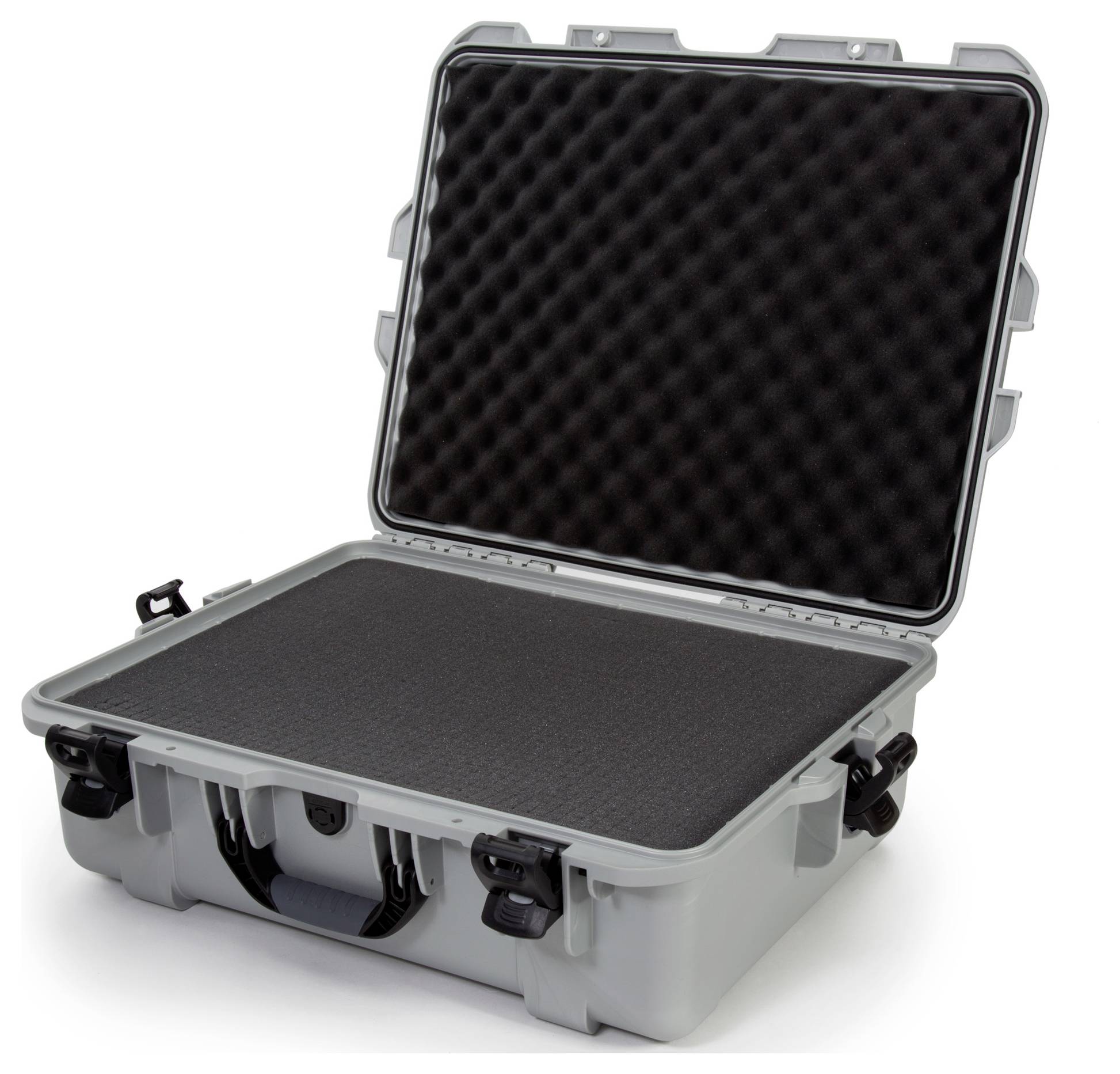 Valise de protection grise ouverte, doublée de mousse, adaptée au rangement sécurisé d'objets fragiles.