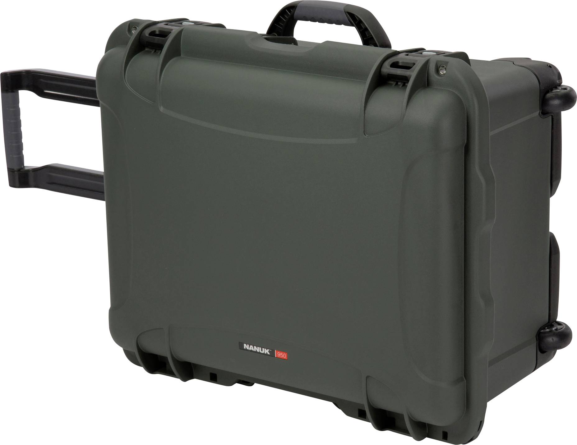 Valise robuste de couleur verte, dotée d'une poignée télescopique et de roulettes, conçue pour le transport et la protection d'équipements sensibles.