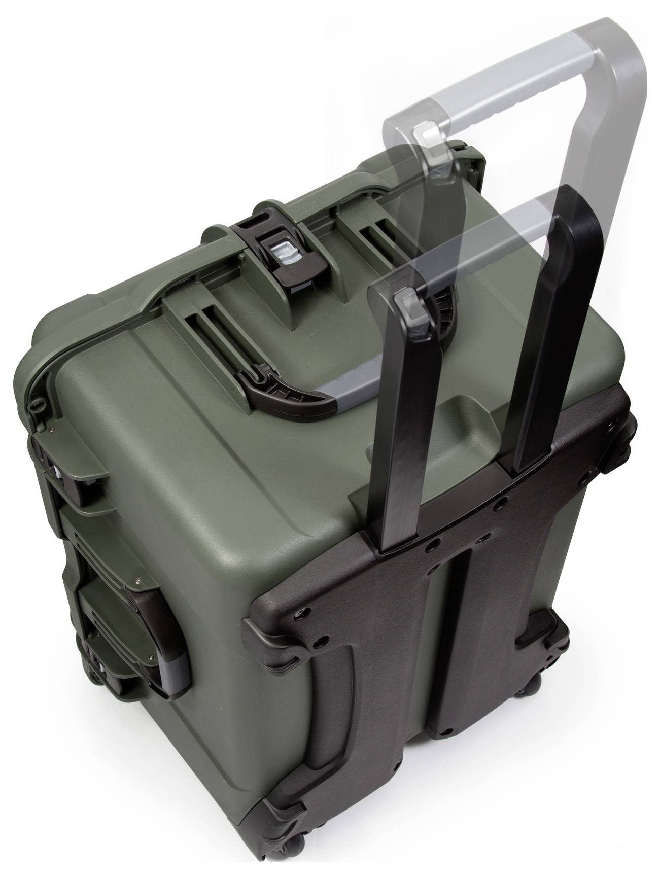 Une valise rigide vert olive avec poignée télescopique et roulettes, idéale pour le transport d'équipements fragiles.