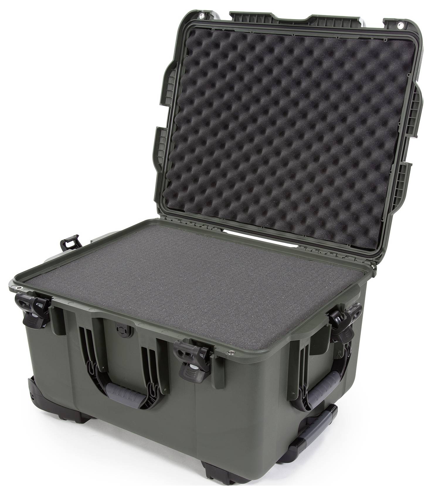 Valise rigide noire ouverte avec un rembourrage en mousse pour le transport sécurisé d'objets fragiles.