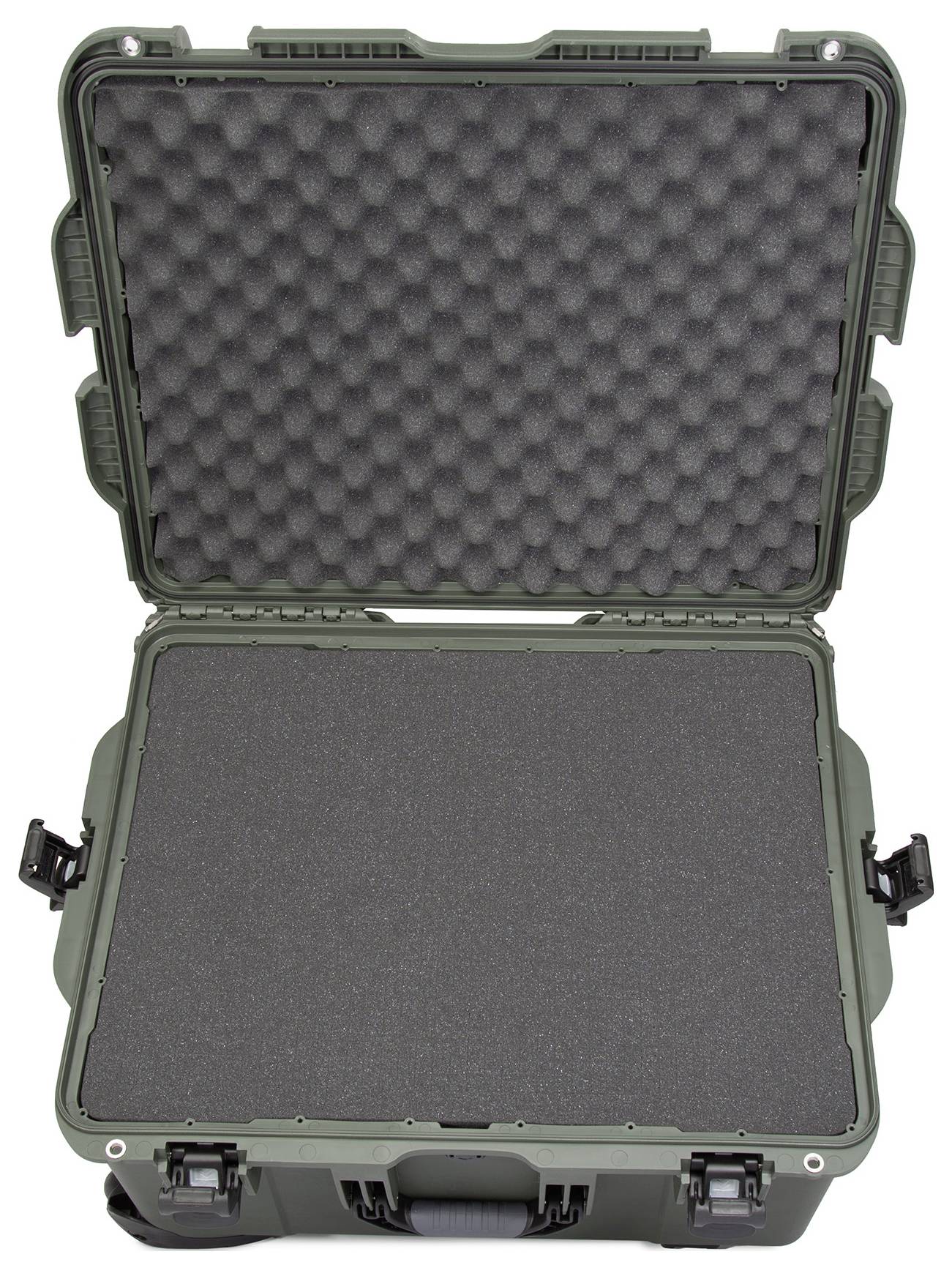 Valise rigide verte ouverte avec doublure en mousse. Idéale pour le transport sécurisé d'objets fragiles.