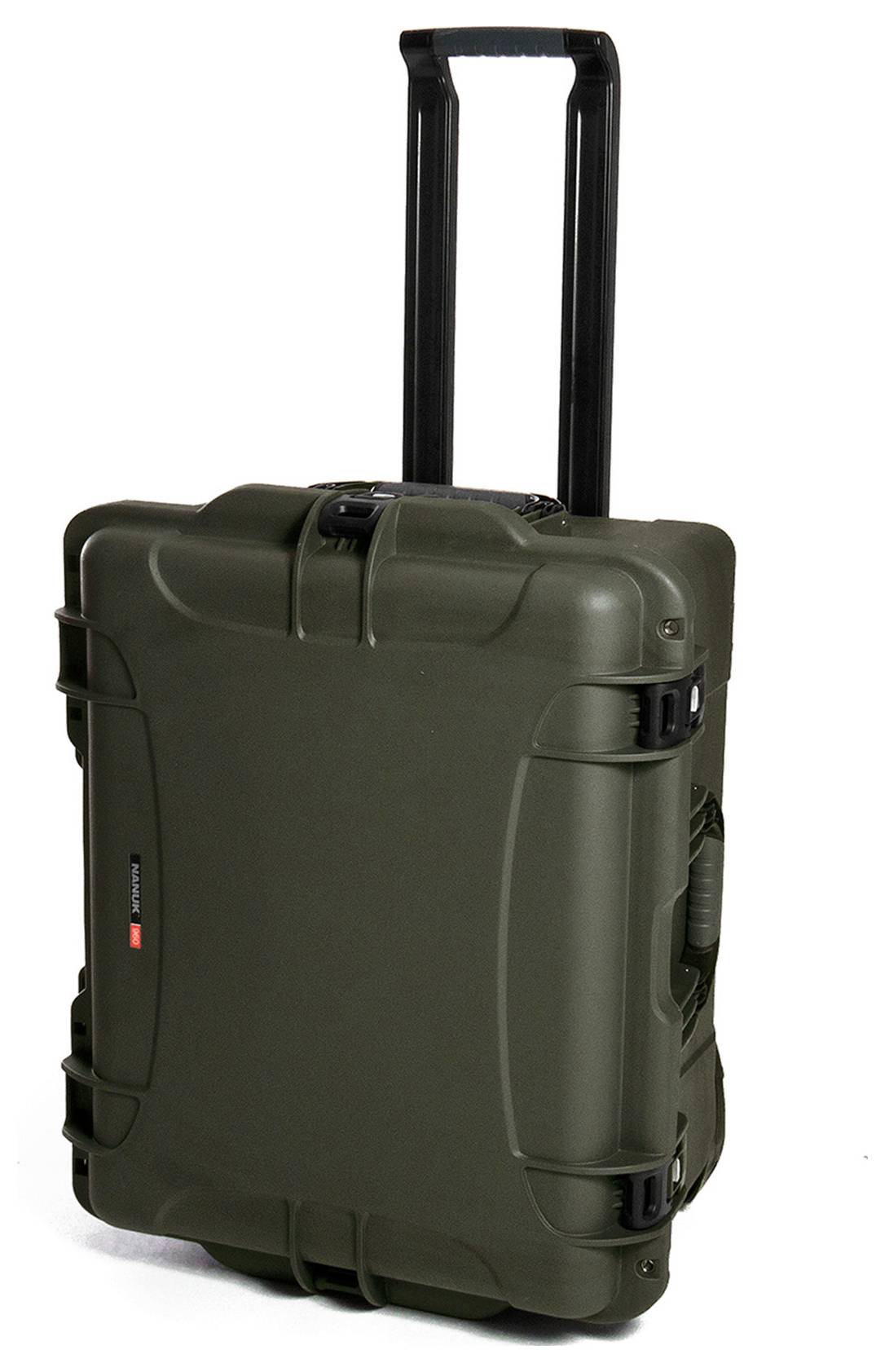 Une valise rigide stable de couleur vert olive, équipée d'une poignée télescopique et de roues, adaptée au transport sécurisé d'équipements sensibles.