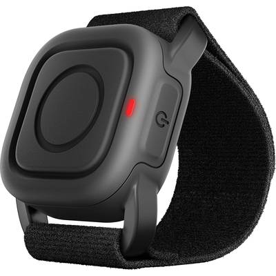 Montre connectée noire avec voyant LED rouge. Bouton rond sur le côté, bracelet en matériau flexible.