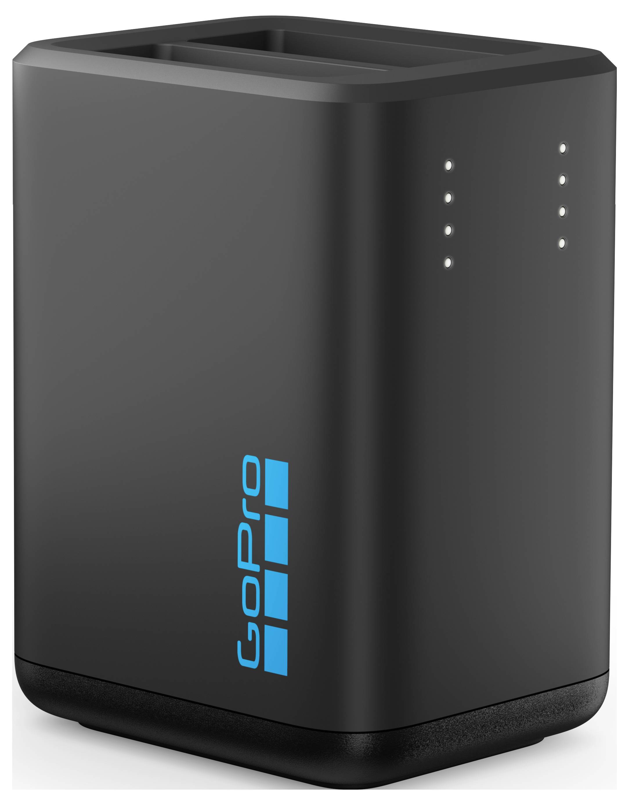 Chargeur noir avec quatre indicateurs LED, affichant l'état de charge. Marquage 'GoPro' en bleu sur le côté.