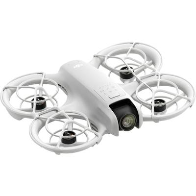 Drone blanche à quatre rotors protégés et caméra intégrée, adaptée aux vols de loisir et à la photographie.