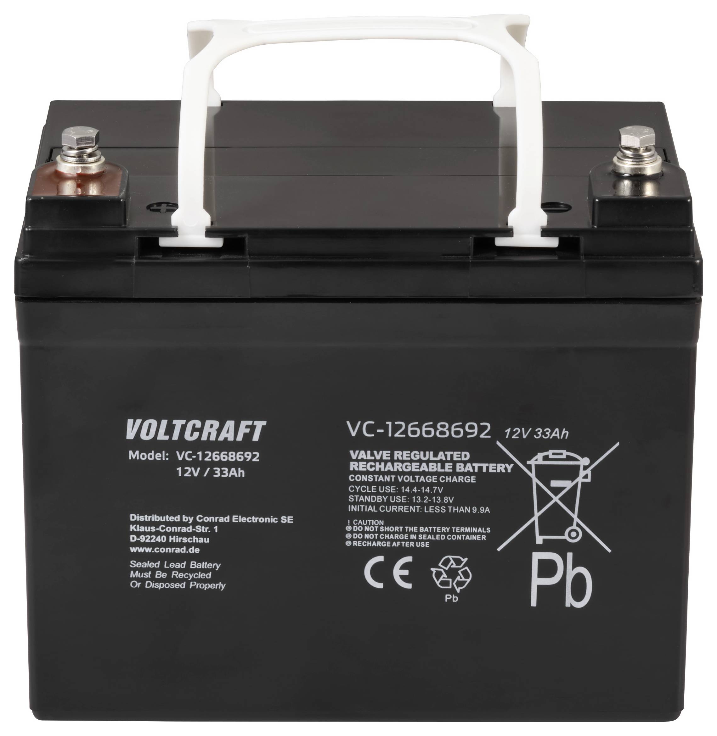 Une batterie noire de Voltcraft, modèle VC-12668692, avec 12V/33Ah. Elle dispose d'une poignée de transport et affiche des symboles d'avertissement et des spécifications techniques.