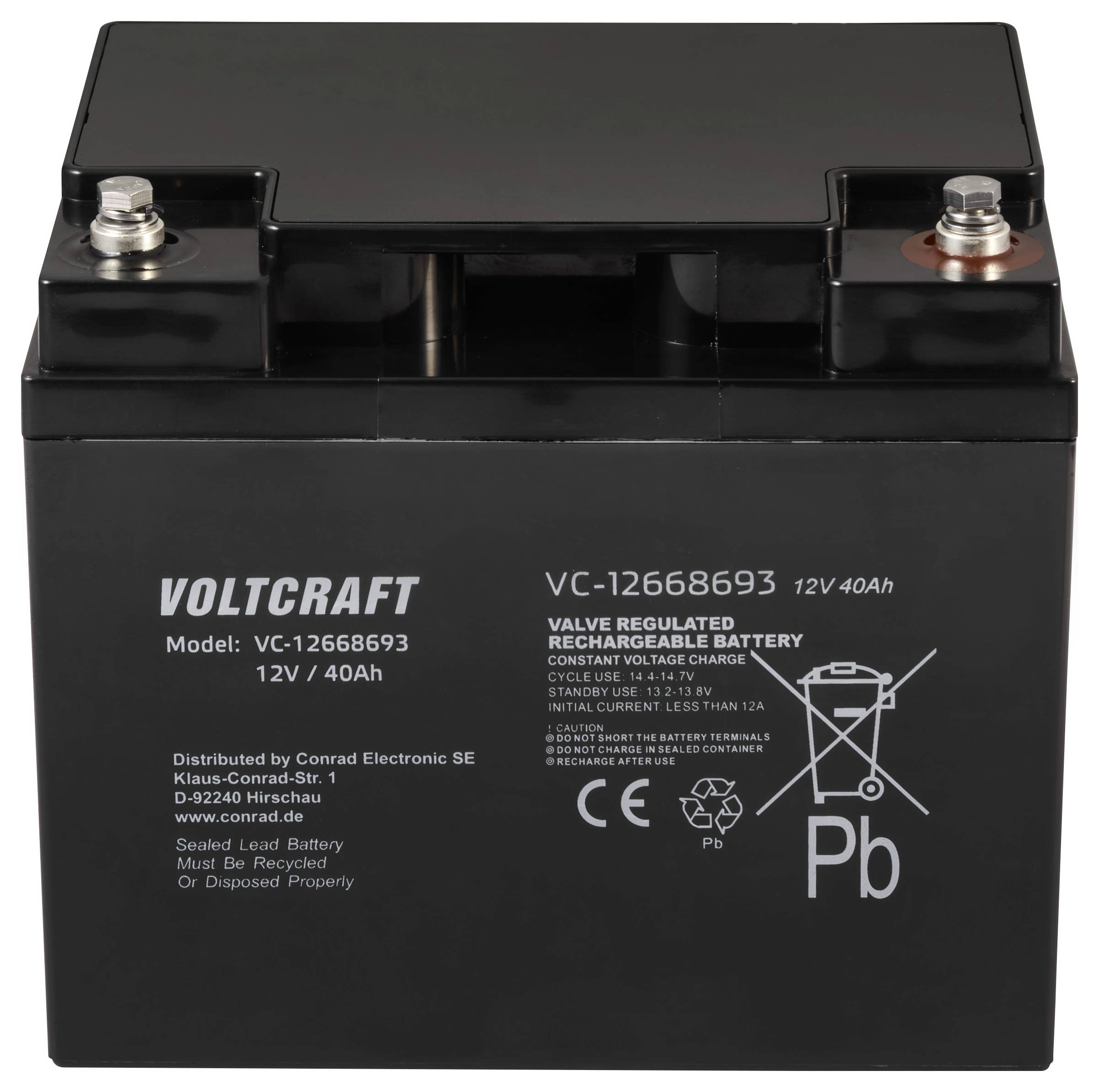 Batterie automobile noire avec inscription 'Voltcraft', modèle VC-12668693, 12V/40Ah, étanche, avec bornes positive et négative sur le dessus.