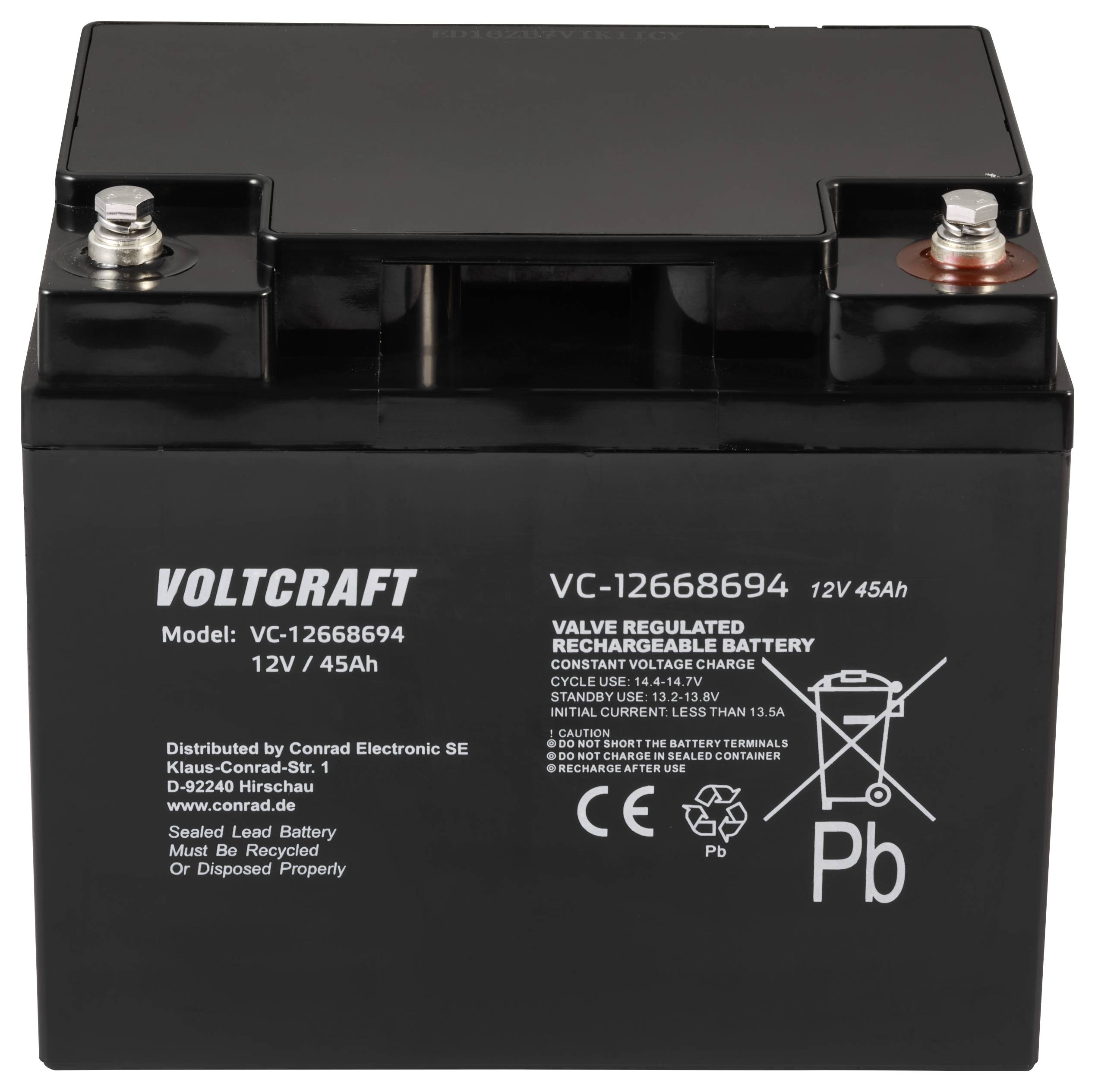 Batterie plomb-acide noire rectangulaire 12V 45Ah de Voltcraft. L'impression textuelle indique les détails techniques et les informations de fabrication.