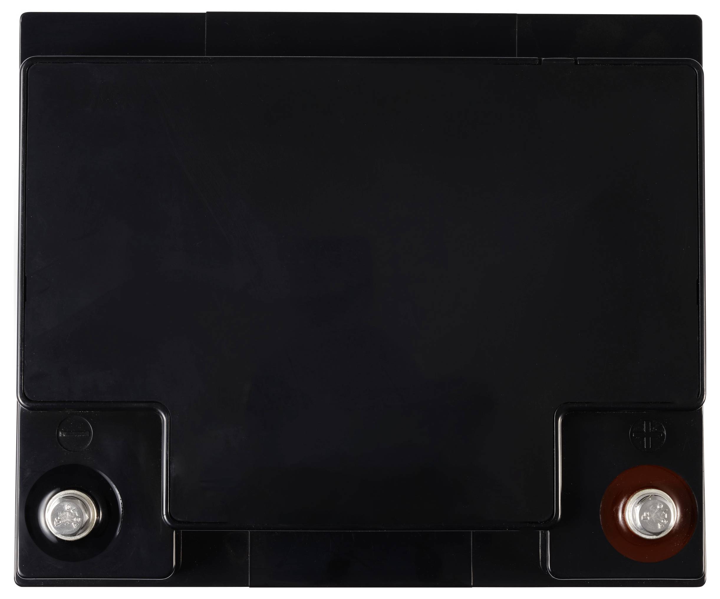 Batterie de démarrage automobile noire vue du dessus, avec deux bornes circulaires à gauche et à droite, positive et négative.