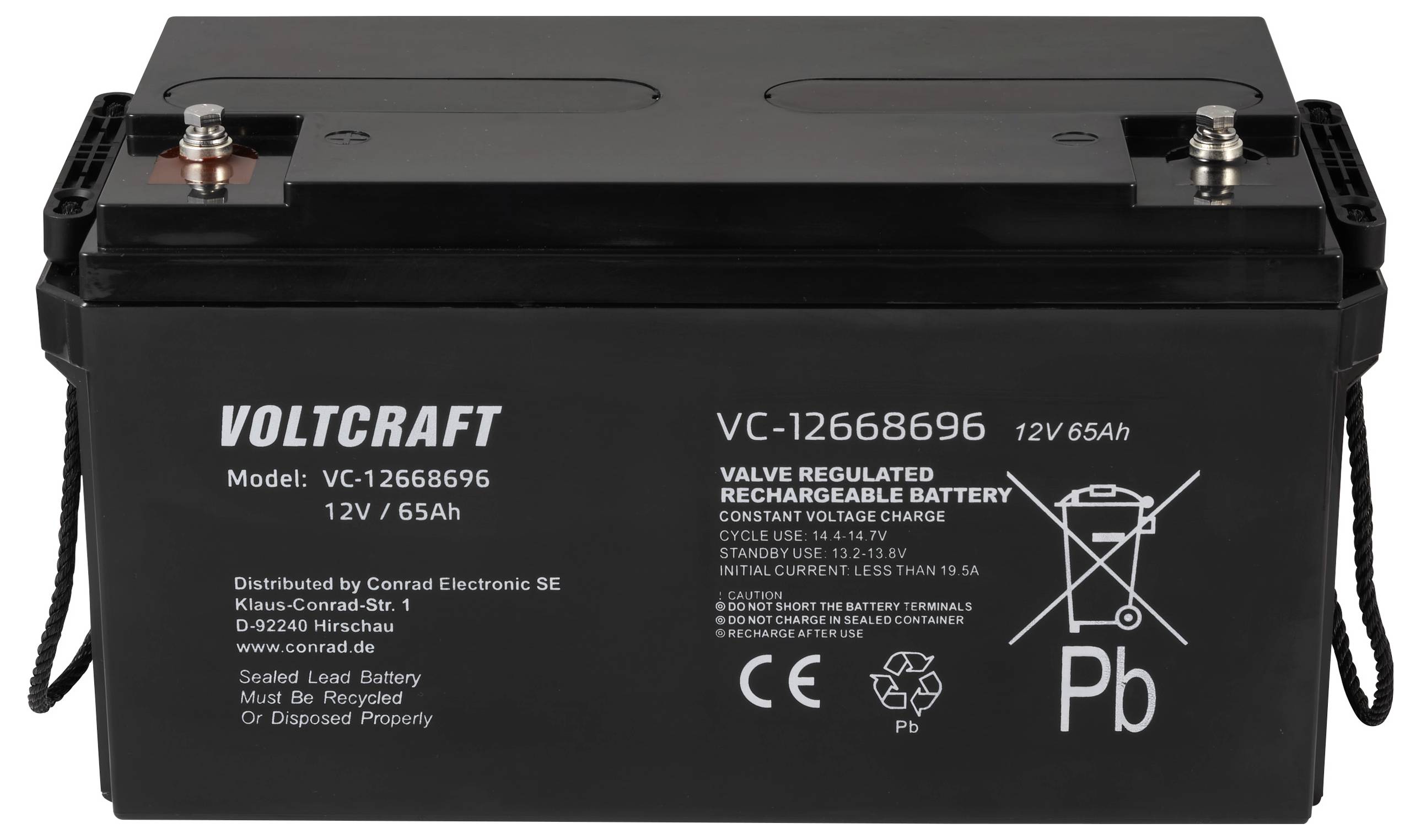 Batterie automobile noire, modèle 'Voltcraft VC-12668696', 12V/65Ah, avec bornes positive et négative sur le dessus. Inscription : "Valve Regulated Rechargeable Battery".