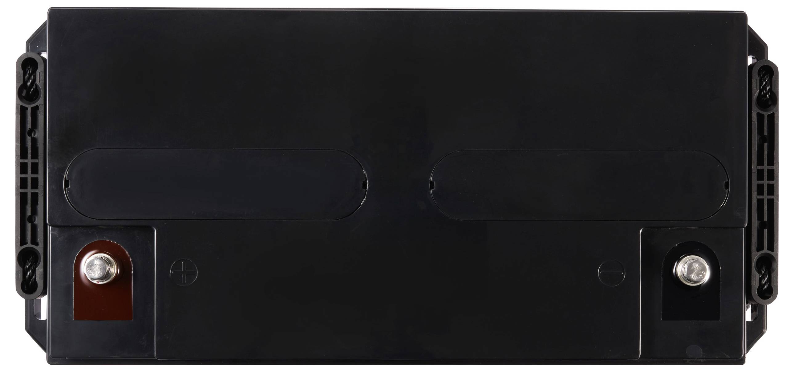 Batterie de voiture noire avec deux bornes, positive et négative, côte à côte.