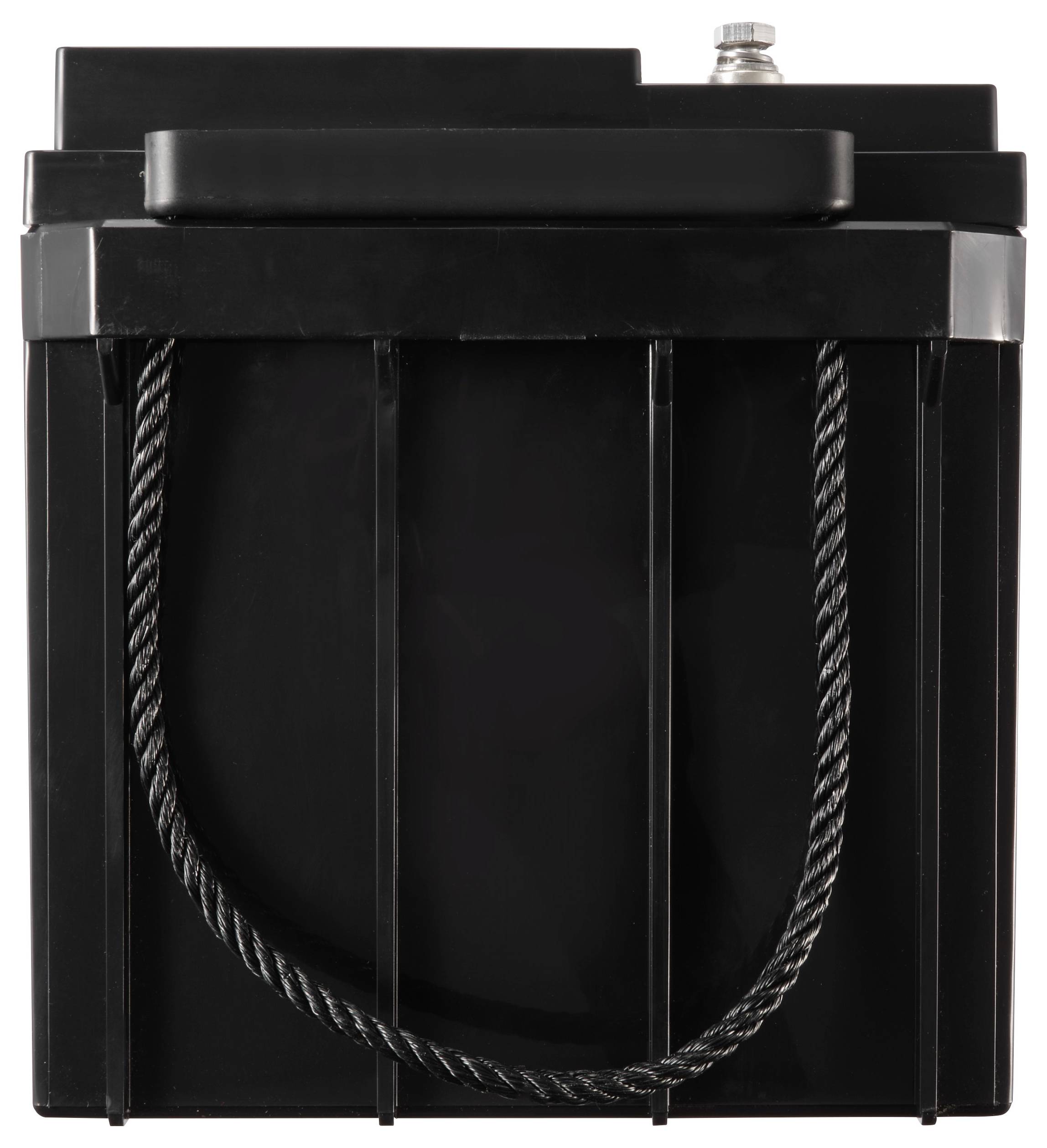 Batterie bloc noire avec fermeture métallique sur le dessus ; rectangulaire avec surface lisse et câbles visibles sur les côtés.