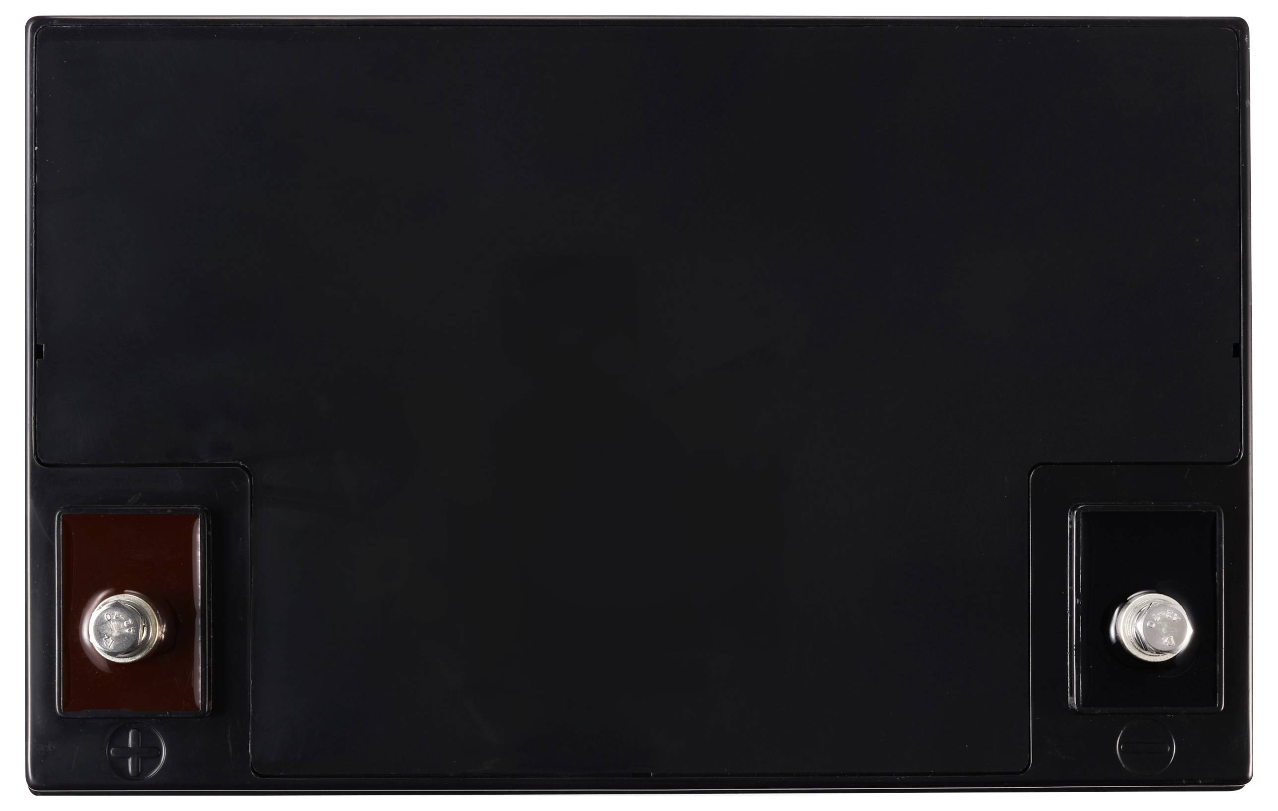 Batterie rectangulaire noire avec deux bornes métalliques aux coins ; une positive, une négative. Adaptée aux appareils électroniques.