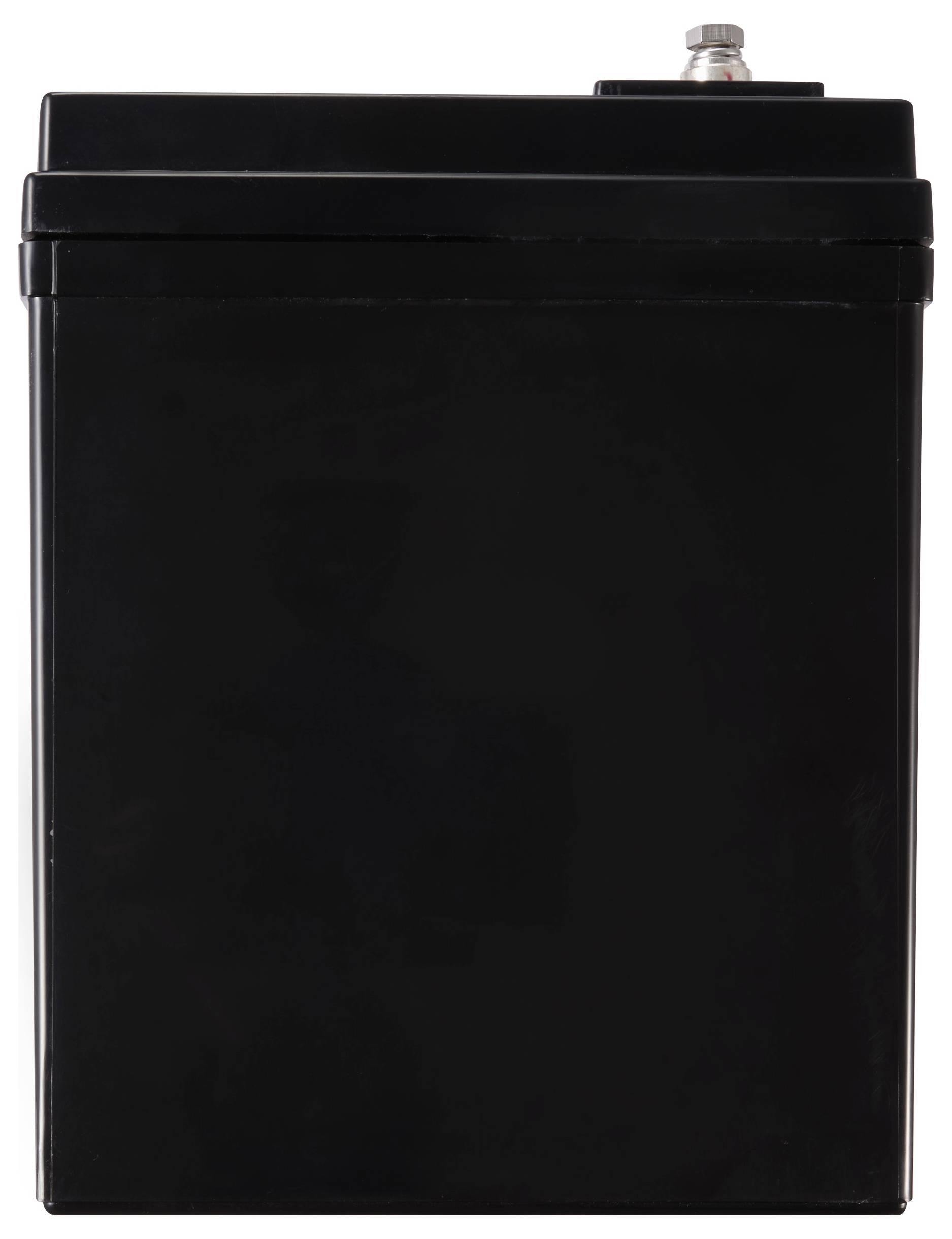Une batterie noire rectangulaire avec une borne métallique sur le dessus, sur un fond blanc.
