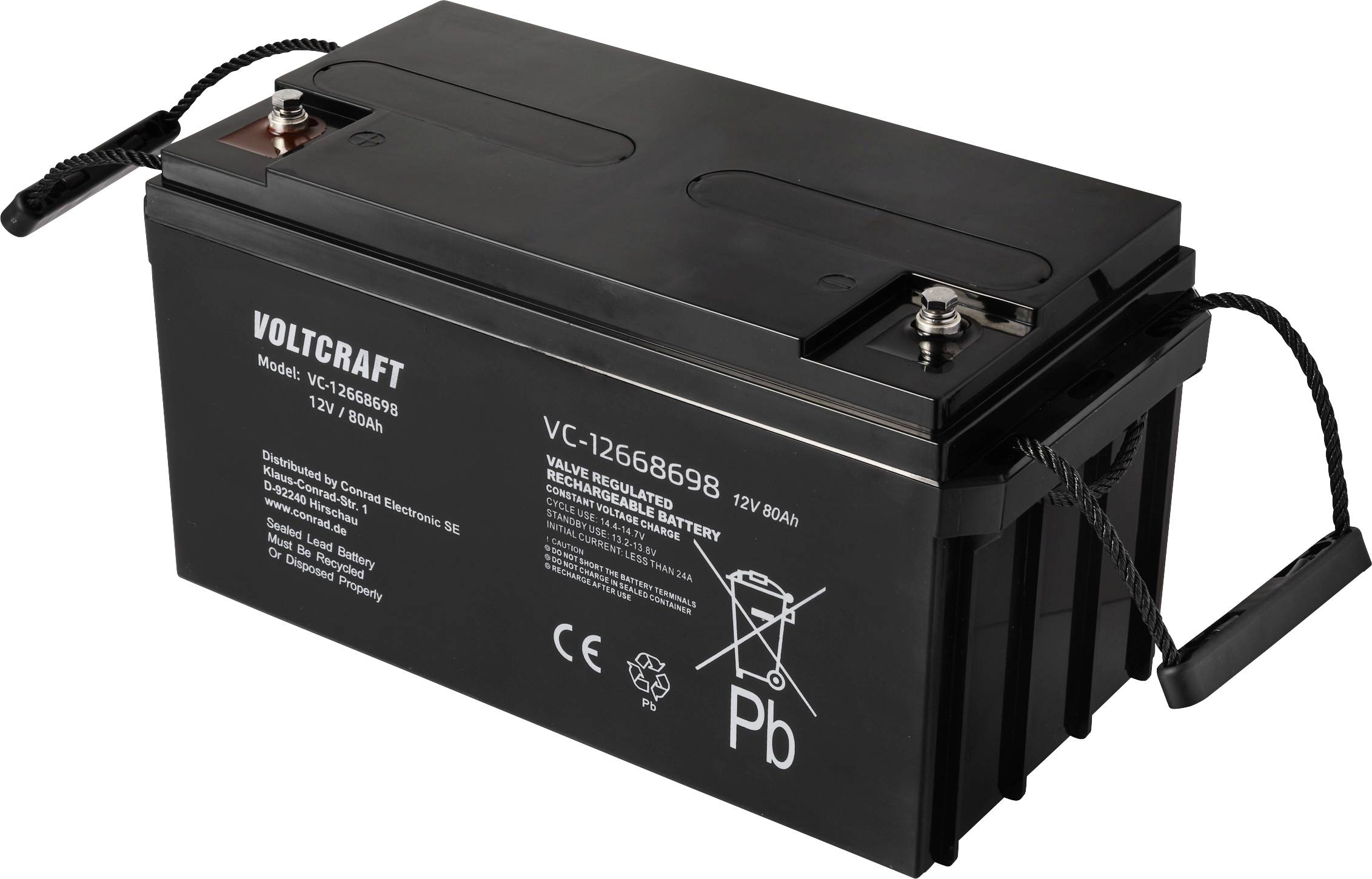 Batterie automobile noire avec l'inscription 'VOLTCRAFT' et spécifications : Modèle VC1265698, 12V, 60Ah. Deux bornes de connexion visibles.
