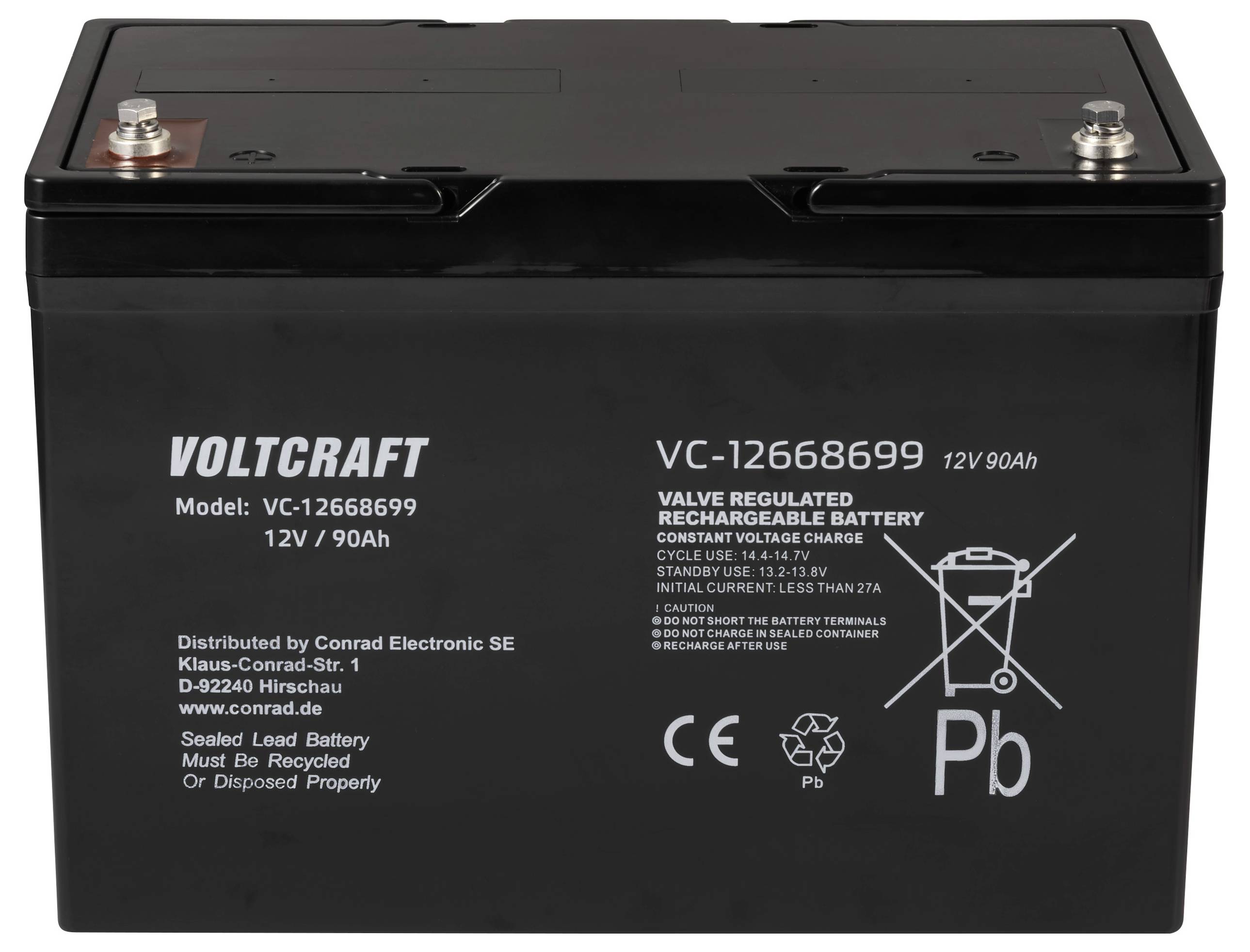 Batterie plomb-acide noire étanche de Voltcraft, modèle VC-12668699, 12V 90Ah. Adaptée pour charge à tension constante.