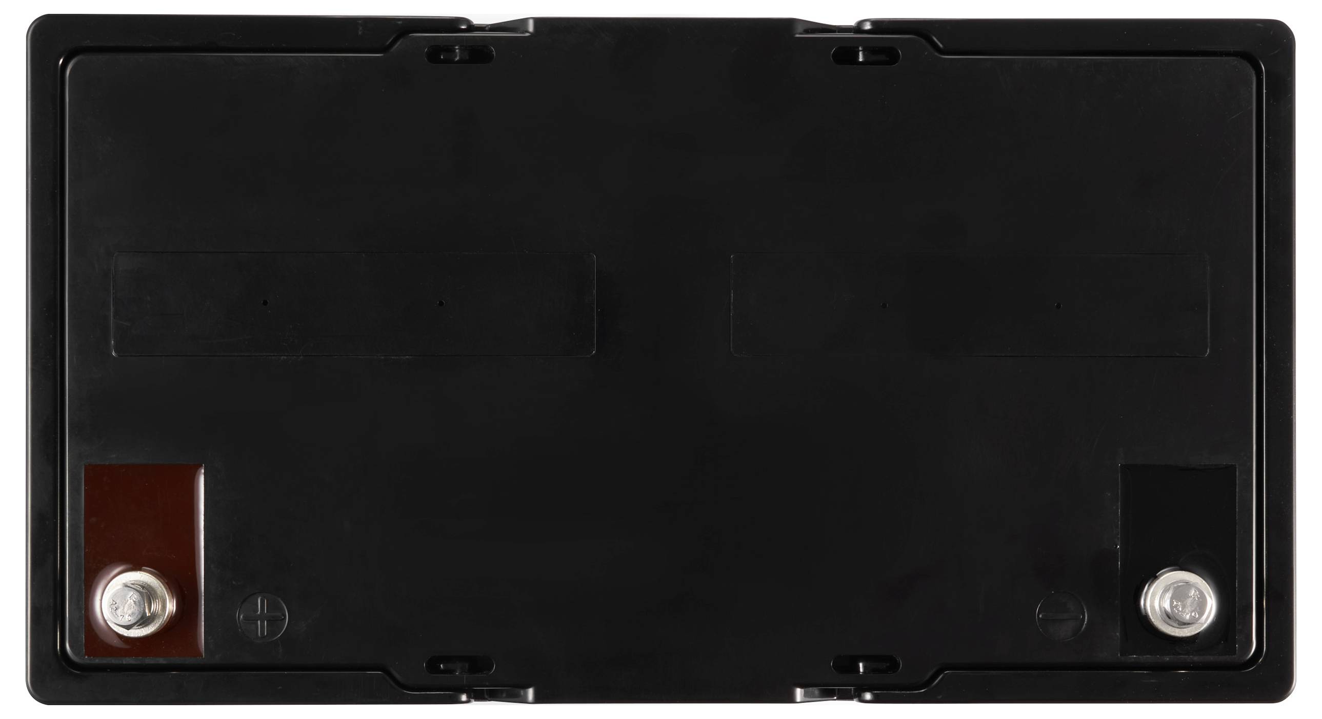 Batterie de voiture à revêtement noir vue du dessus, avec deux contacts métalliques visibles aux coins.