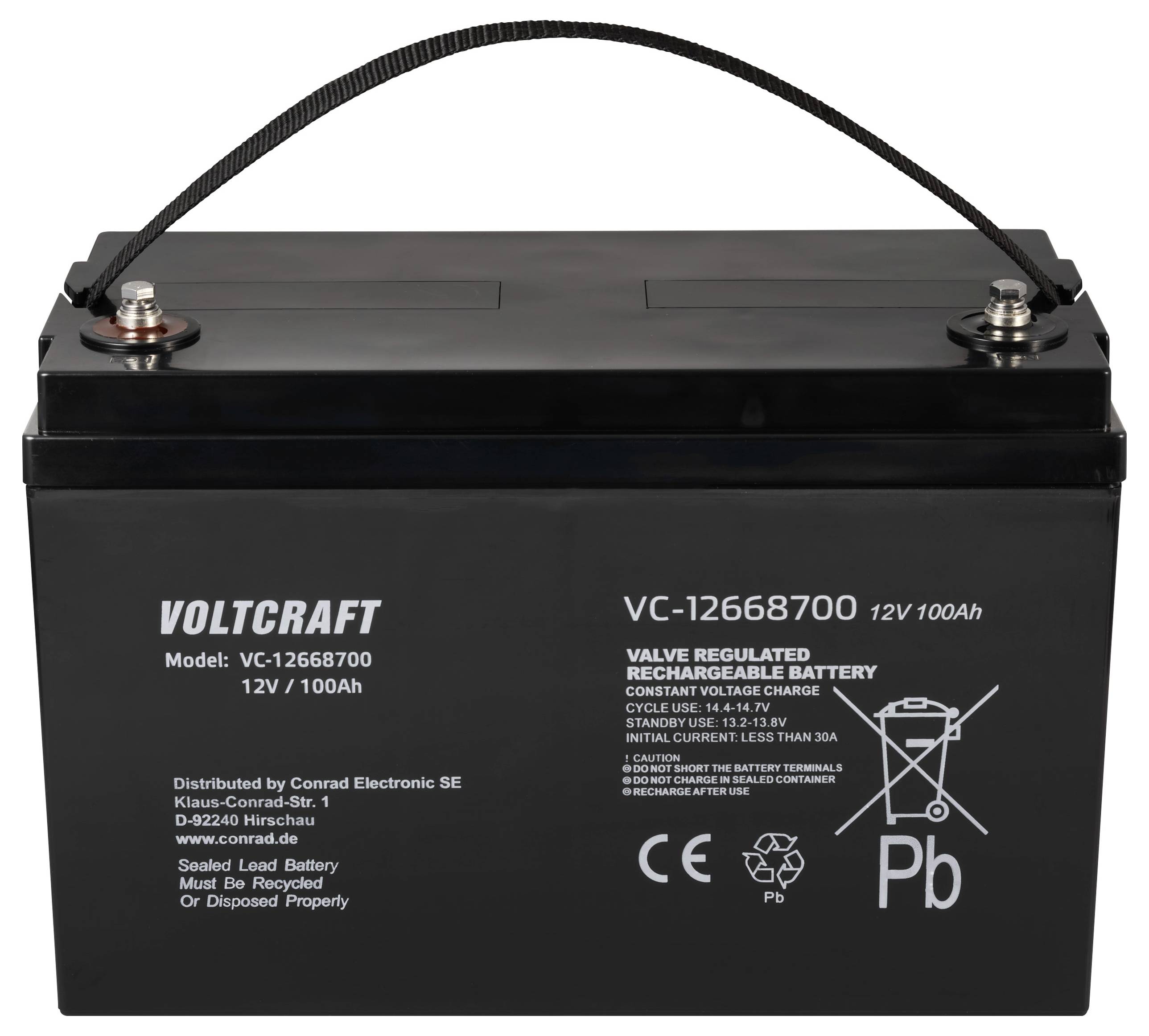 Batterie Voltcraft 12V 100Ah, Modèle VC-12668700, pour applications rechargeables. Conforme aux directives CE et Pb.