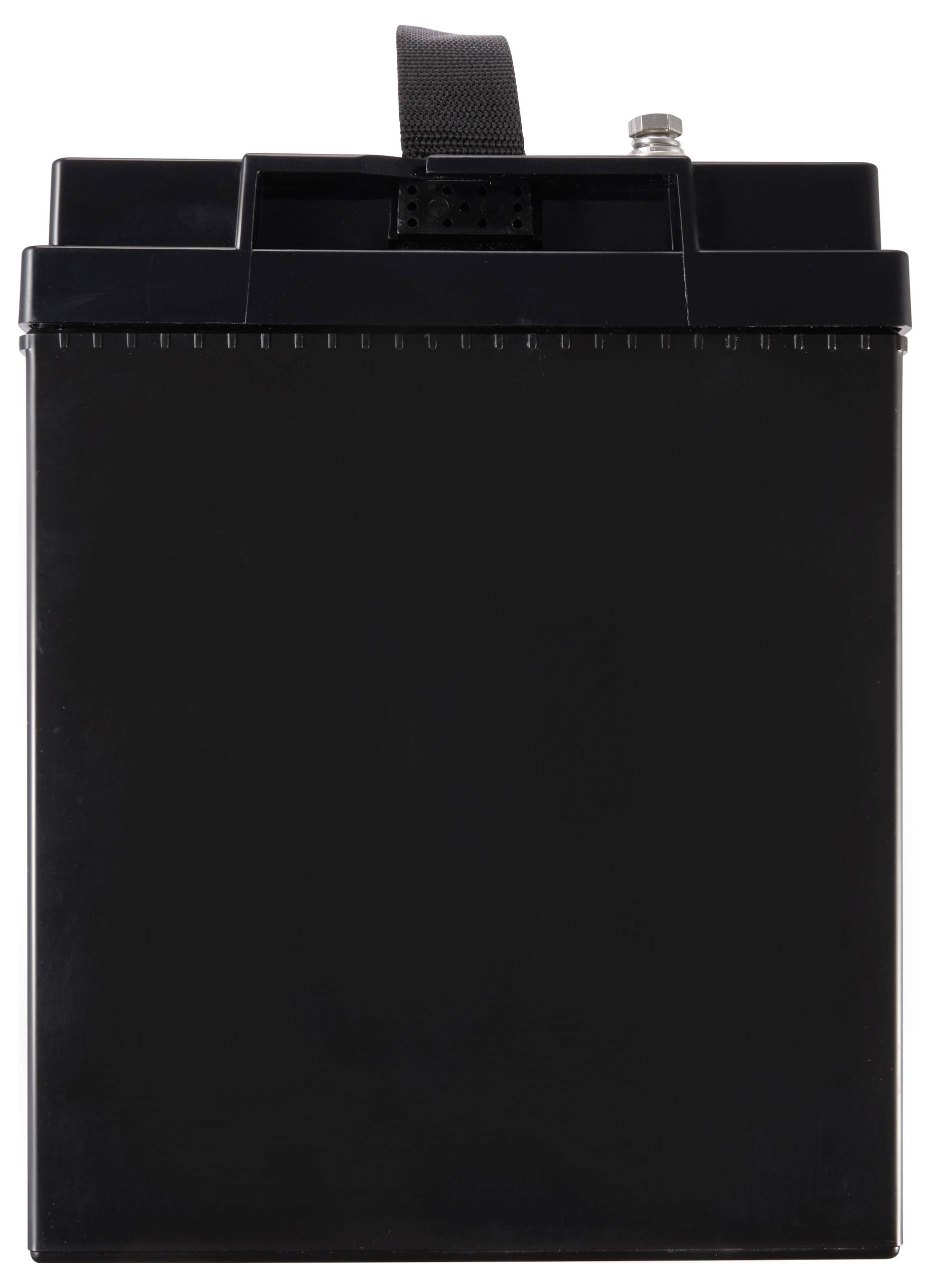 Une batterie noire rectangulaire avec deux bornes saillantes sur le dessus et une poignée de transport.