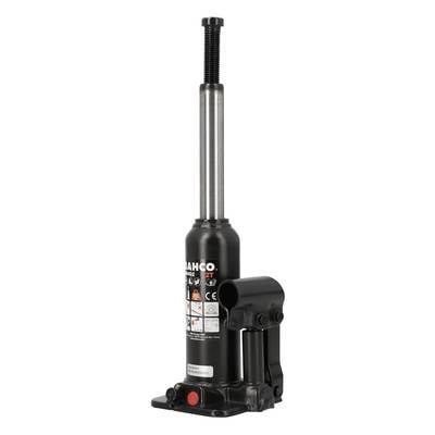 Un cric hydraulique noir, verticalement aligné, avec un mécanisme de levage argenté. Adapté pour soulever des véhicules.