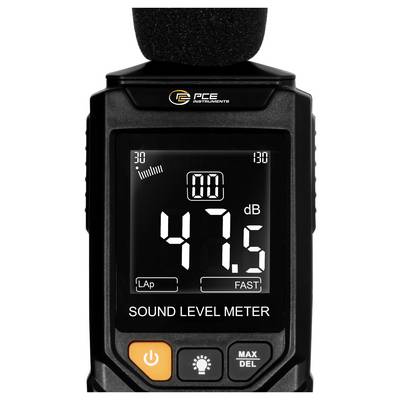 Gros plan d'un sonomètre PCE Instruments affichant 47,5 dB en grands chiffres, avec les boutons mode « FAST » et « MAX/DEL » visibles.