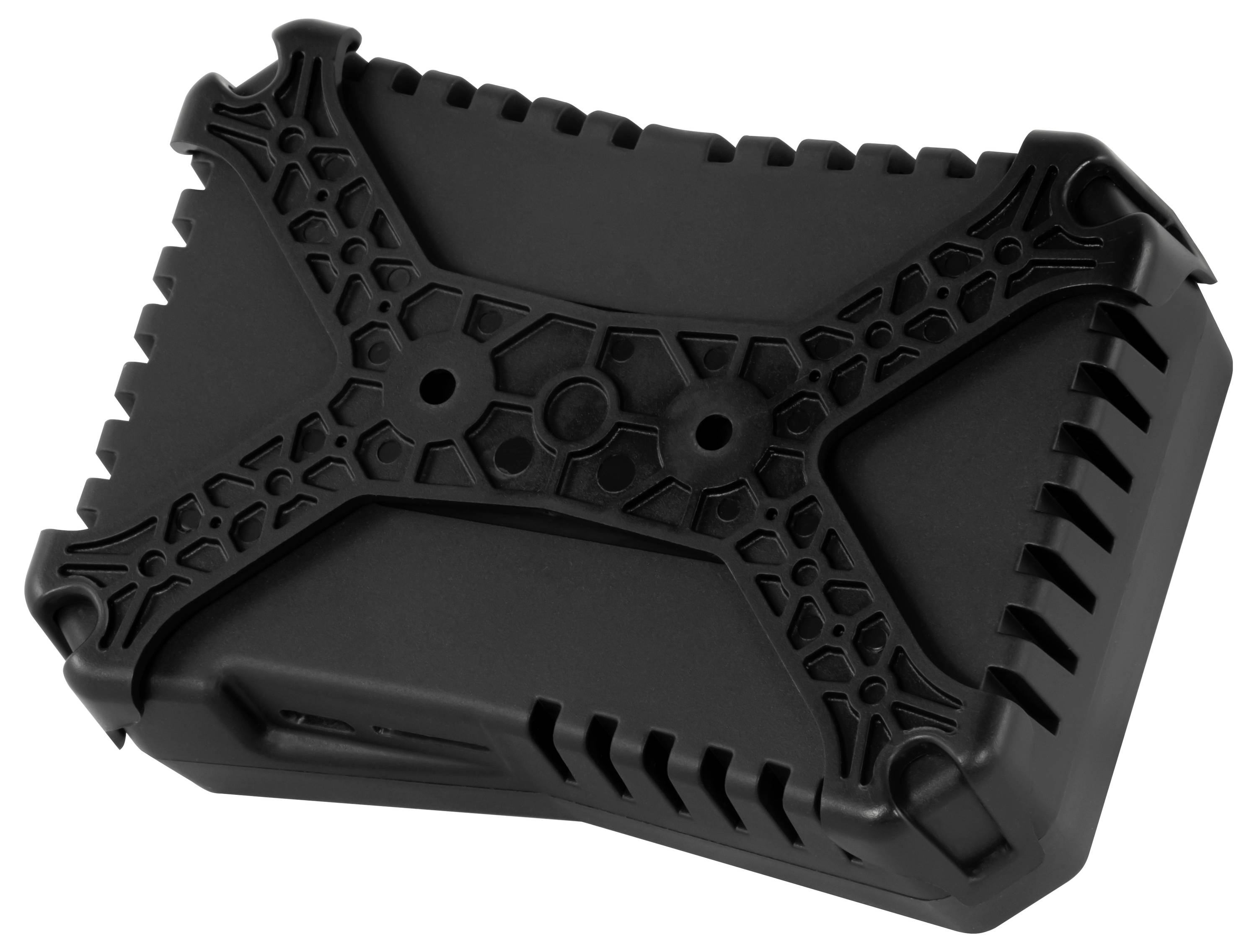 Étui rectangulaire robuste noir avec un dessus texturé en forme de X et des découpes latérales ressemblant à des évents sur un fond blanc